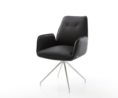 Chaise-de-salle-à-manger Zoa-Flex cuir de vache noir pied croisé conique acier inoxydable brossé ressorts ensachés