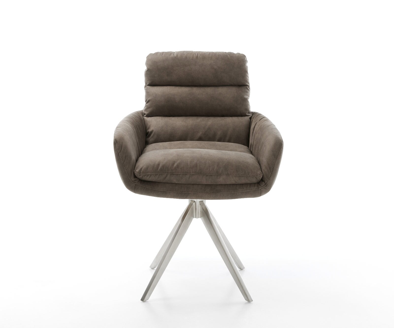 Chaise-de-salle-à-manger Abelia-Flex avec accoudoirs microvelours taupe vintage pied croisé angulaire acier inoxydable brossé 1 Chaise-de-salle-à-manger Abelia-Flex avec accoudoirs microvelours taupe vintage pied croisé angulaire acier inoxydable brossé 1