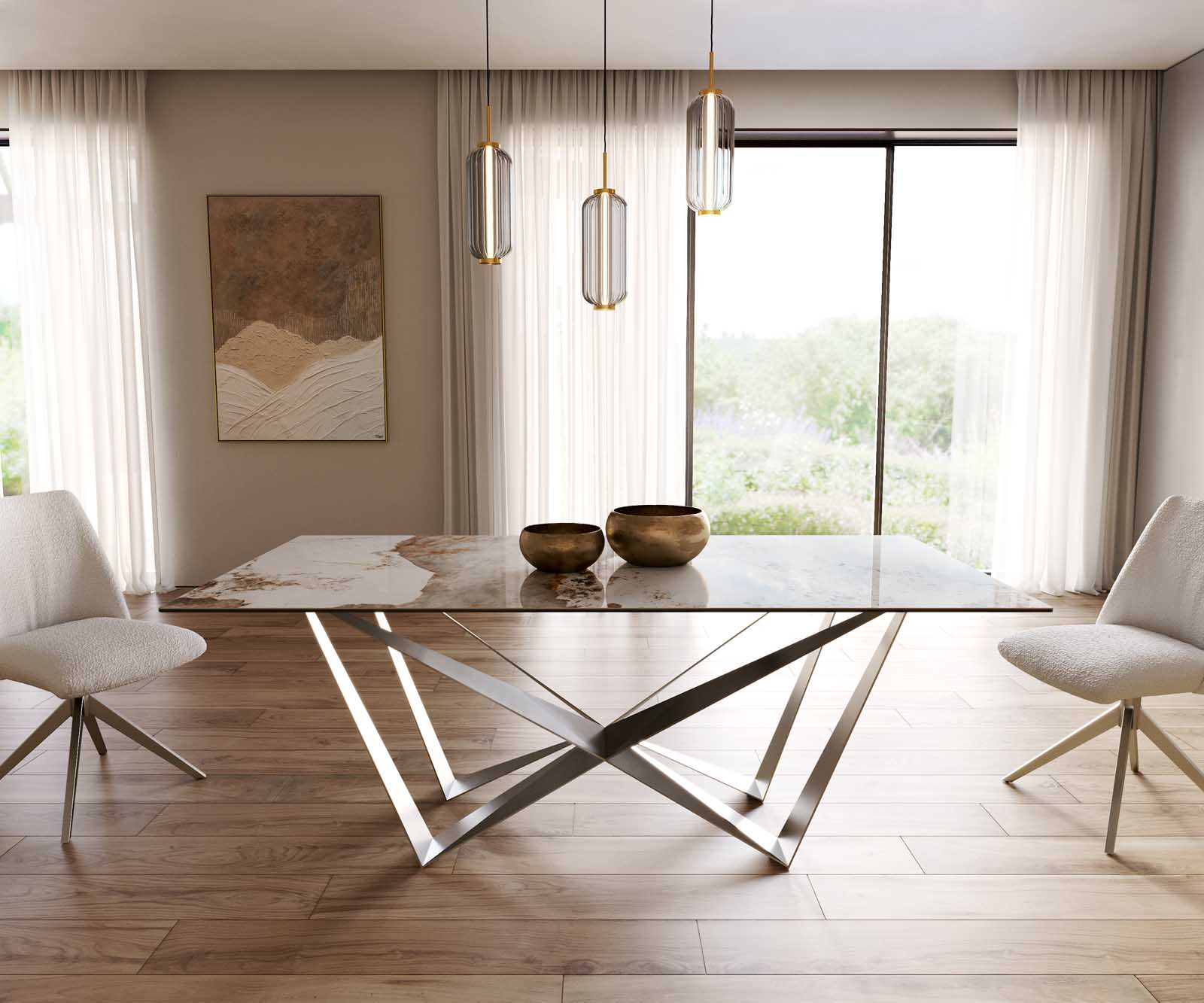 Table à manger Edge 200x100 céramique Minas mélange blanc-beige Spider acier plat acier inoxydable 1