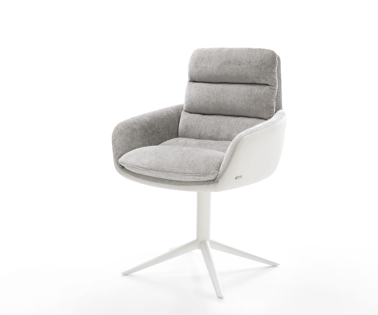 Chaise-pivotante Abelia-Flex avec accoudoirs tissu mixte cuir de vache blanc-gris argenté pied de chaise 4 branches blanc pivotement sur 360° fonction bascule