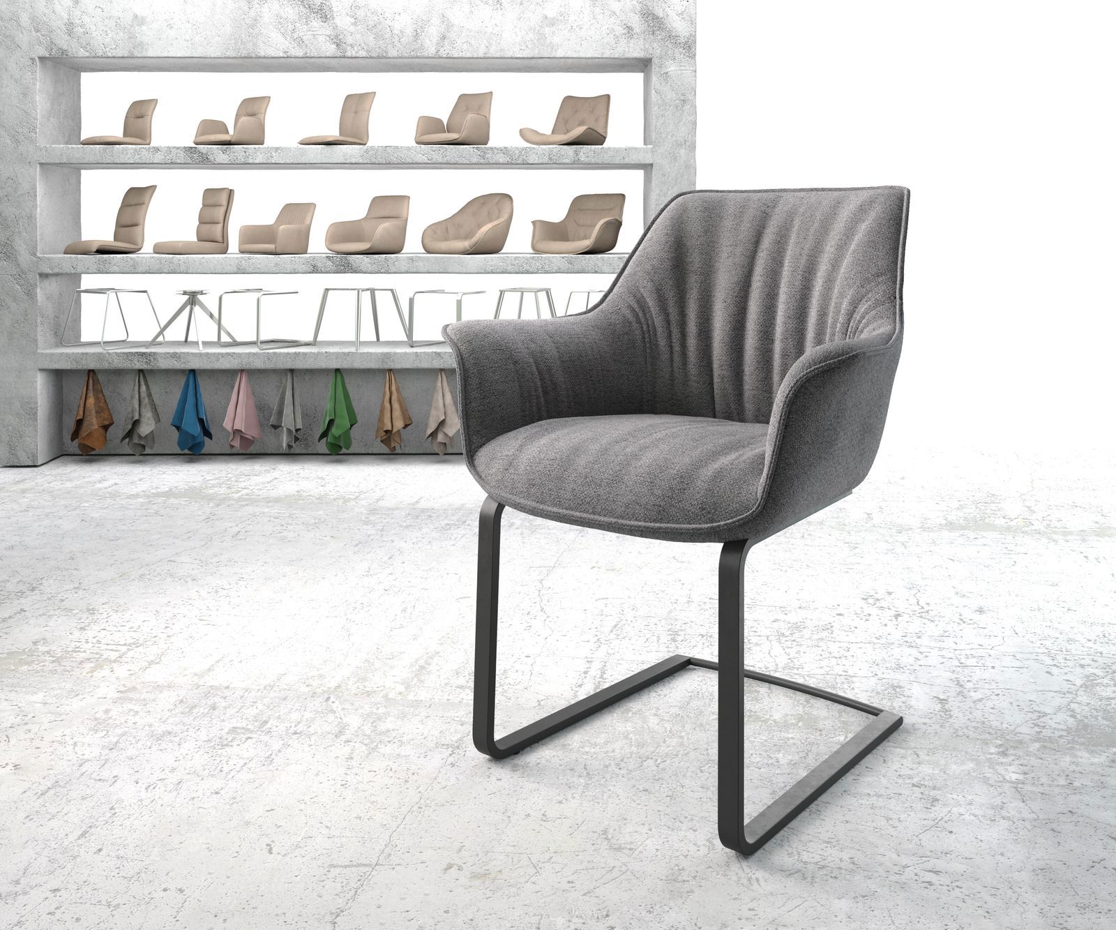 Cantilever Keila-Flex avec accoudoirs tissu texturé gris clair pied cantilever plat noir 1