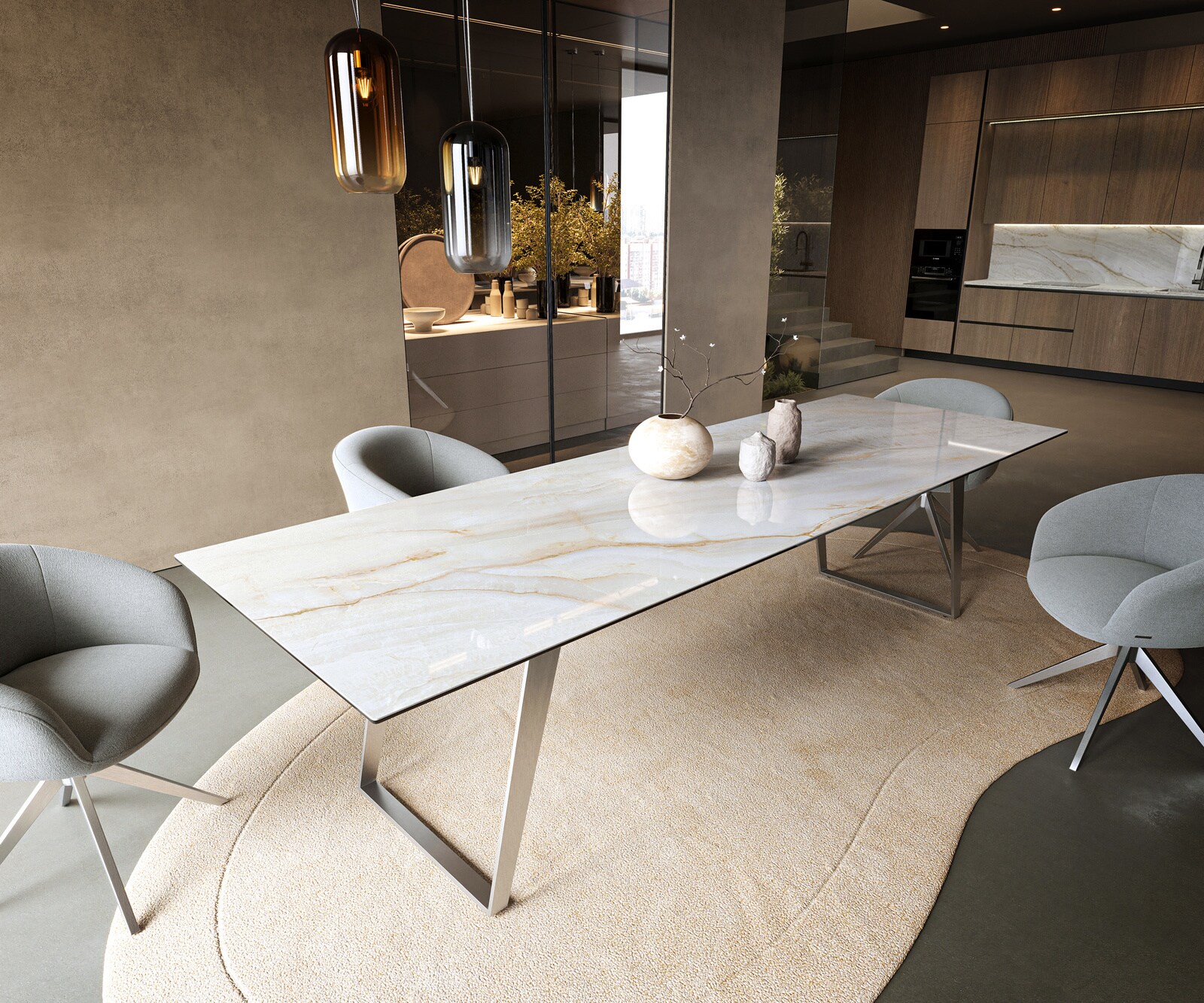 Table à manger Edge 300x100 cm céramique Onyx Pearl inox incliné 1