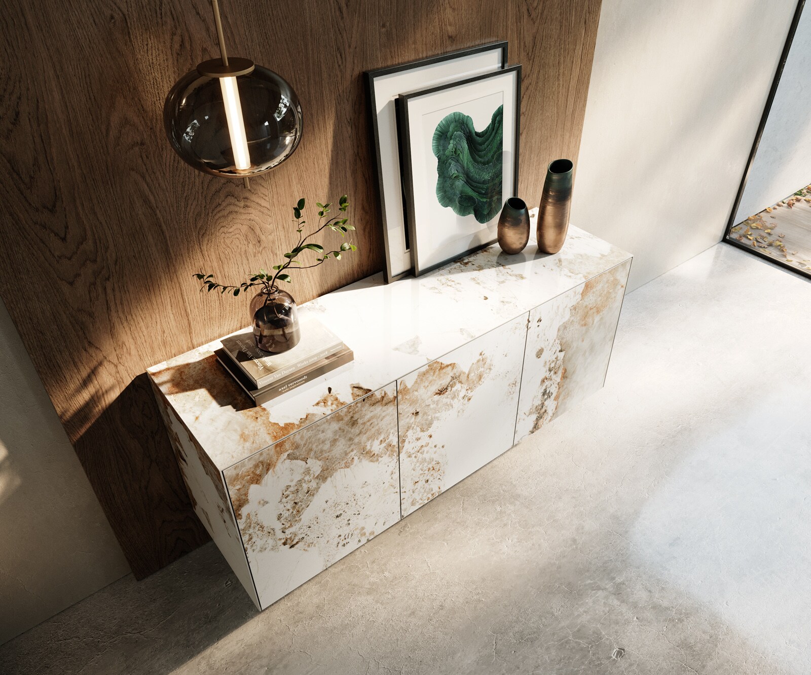 Buffet Cuor 150 cm Céramique Minas Melange Blanc-beige 3 Portes Flottant 4