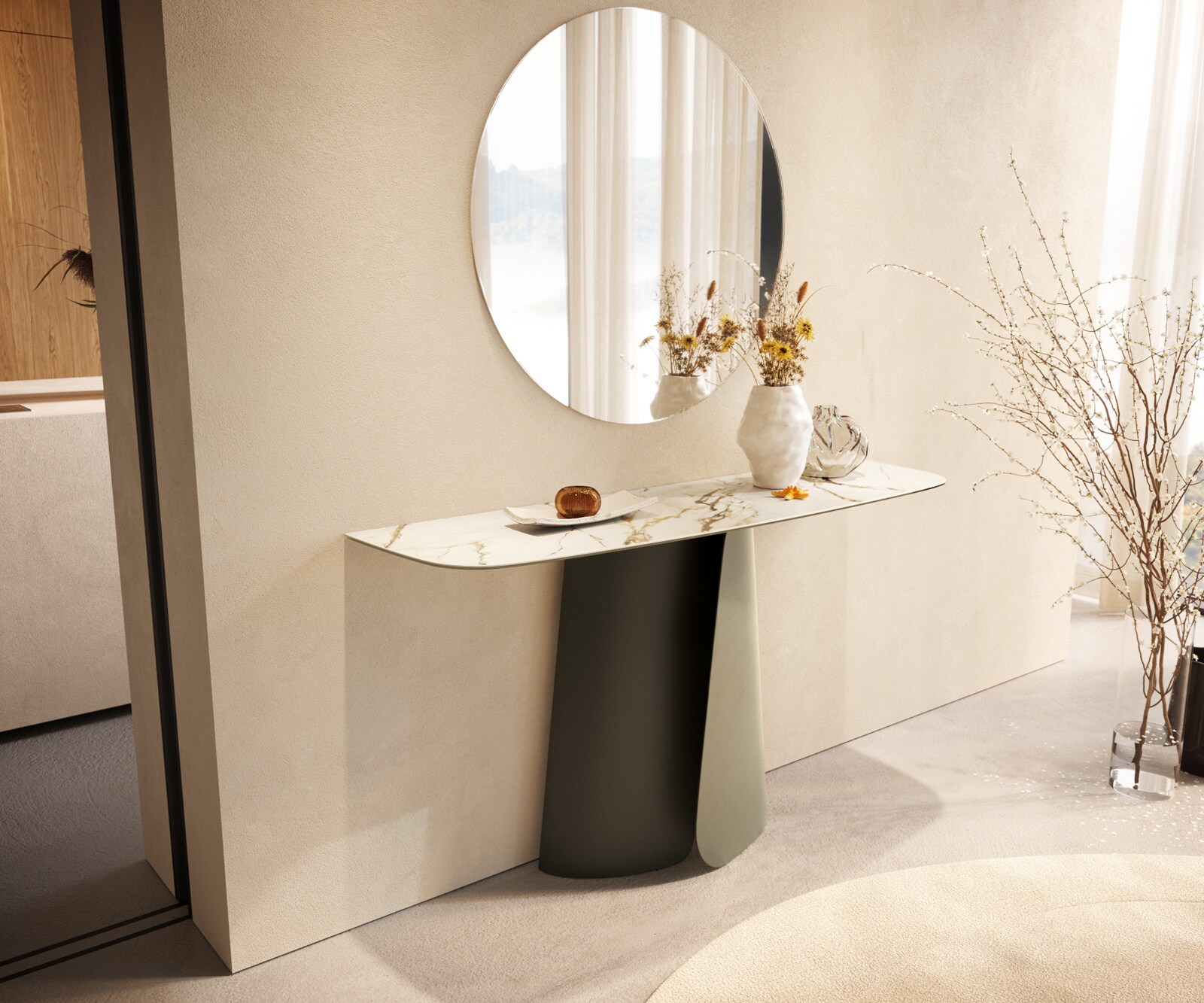 Console Edge forme bateau 140x40 cm Céramique Calacatta Luxe Weiß-Gold-Gris Livos Métal Effektfinish Titan 4