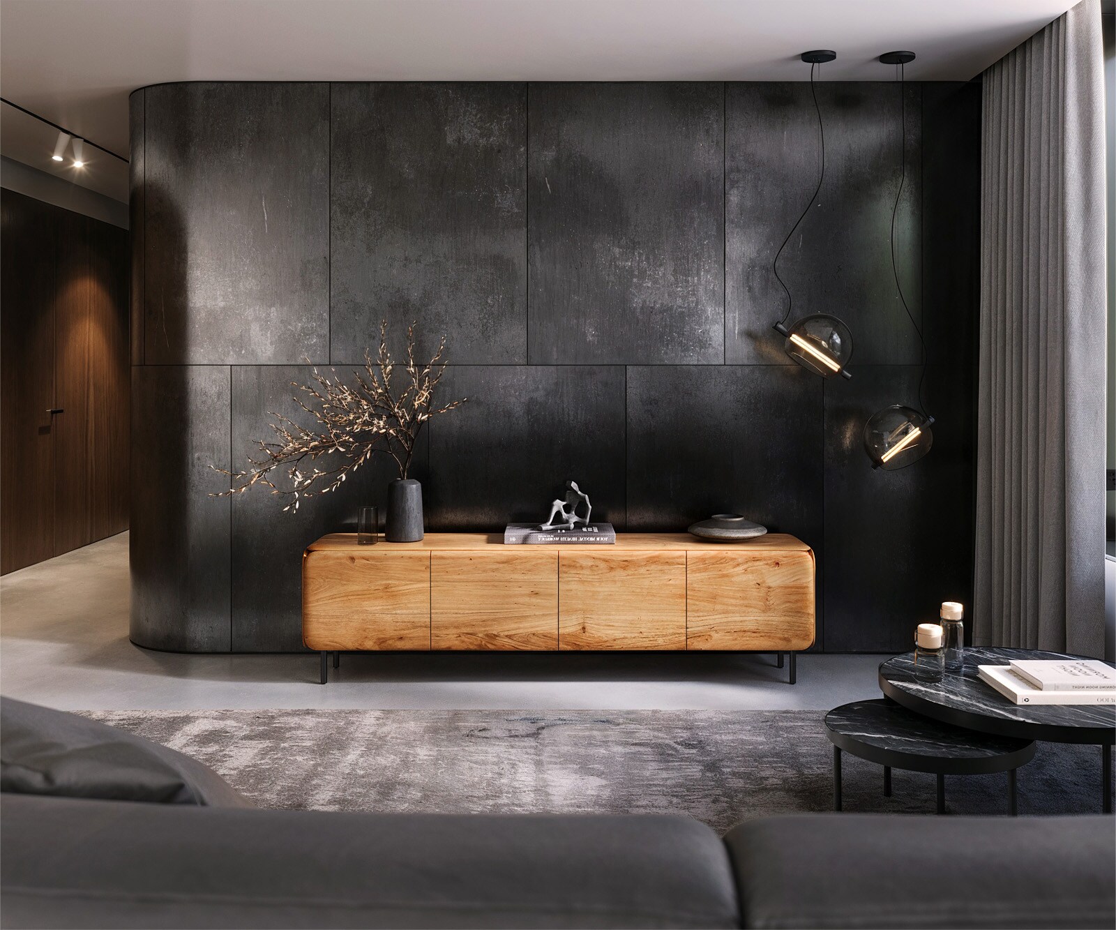 Meuble-TV Shavani 200 cm Acacia naturel 4 portes Pieds ronds Métal Noir 2