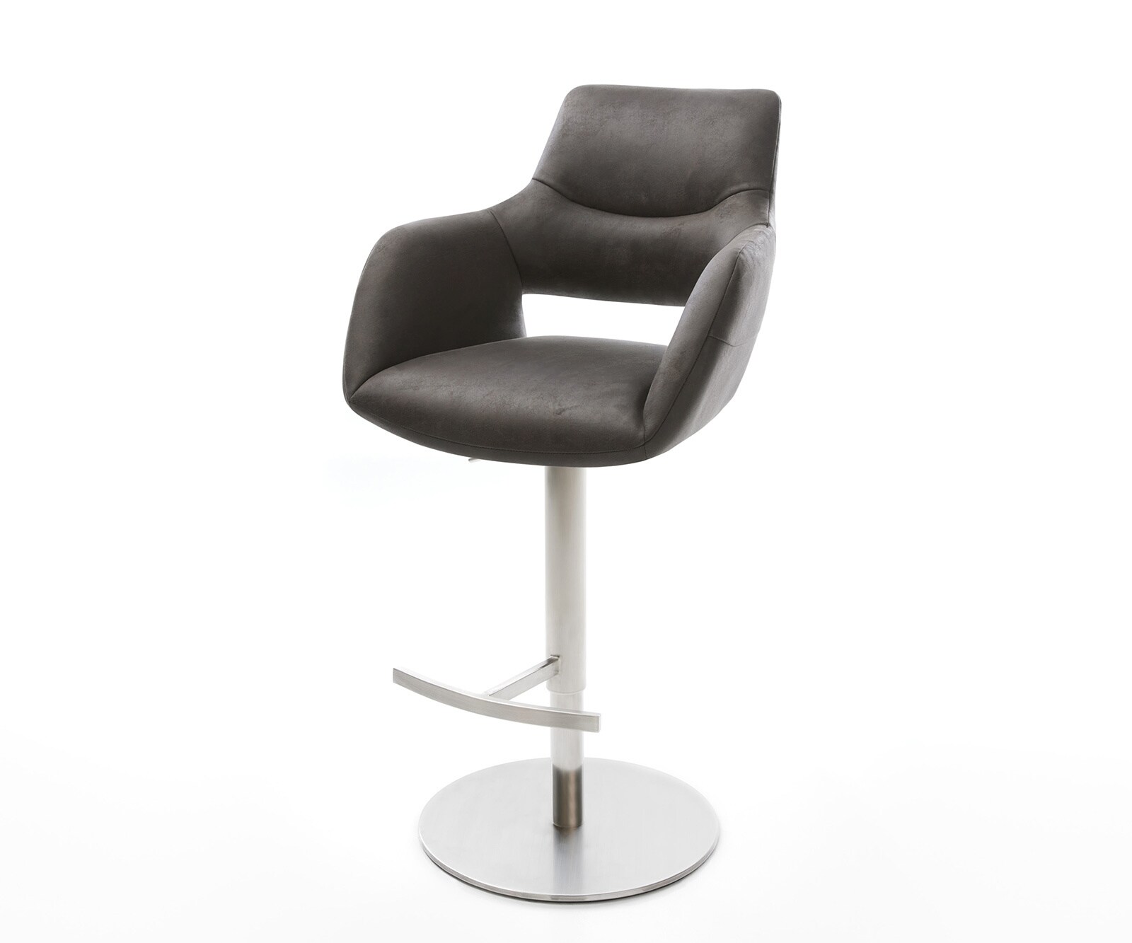 Chaise-de-bar Yago-Flex microfibre anthracite vintage pied pivotant réglable en hauteur acier inoxydable pivotant ressorts ensachés
