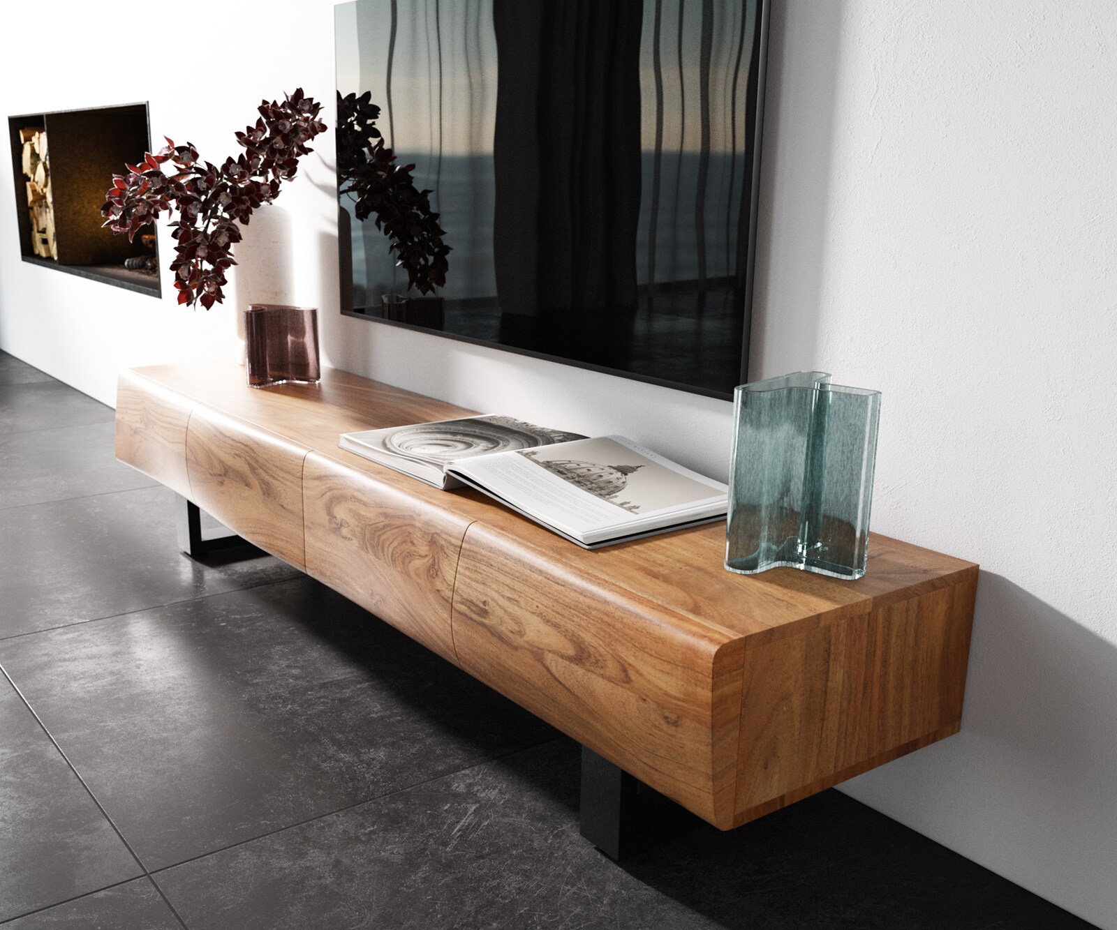 Meuble TV New Live-Edge 175 cm acacia naturel 4 portes patins métal noir  1