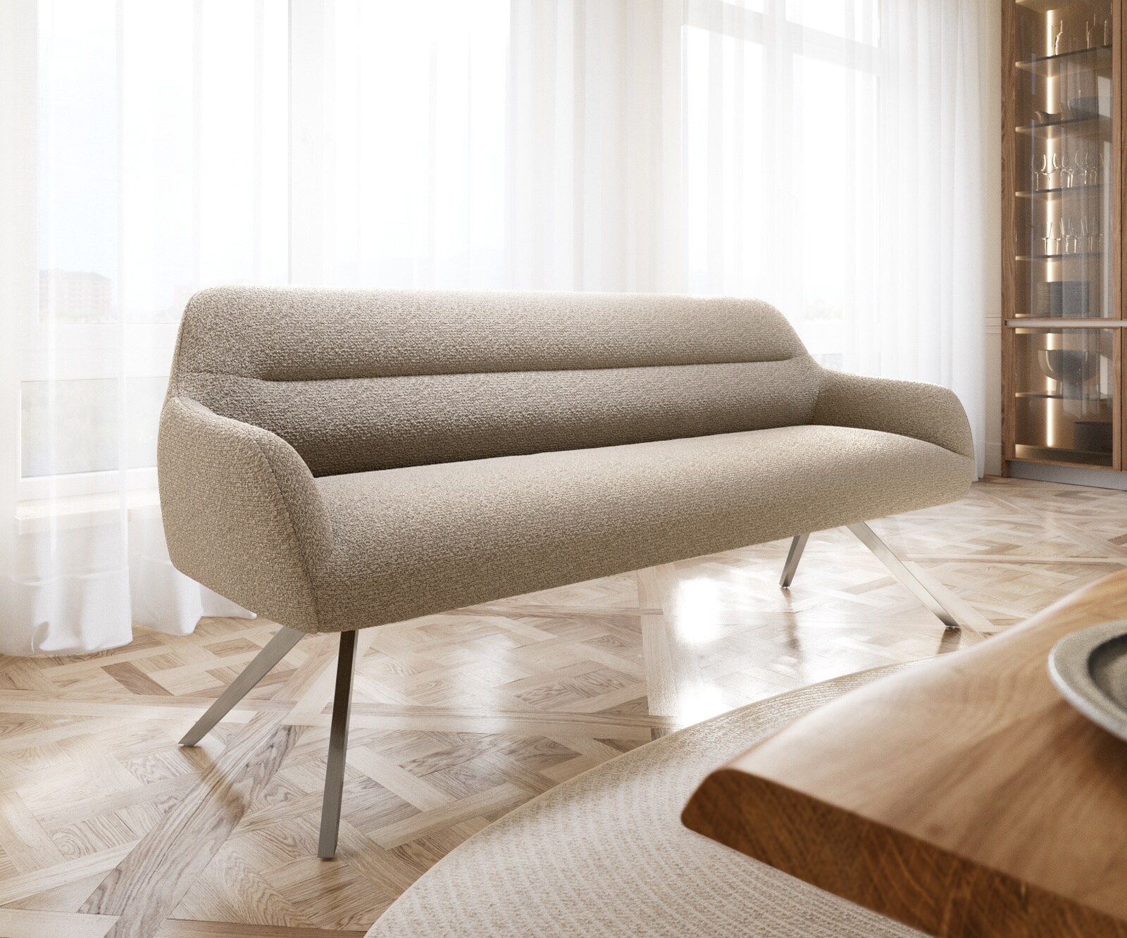 Banc-de-salle-à-manger Taya-Flex 200 cm bouclé boue pied croisé angulaire acier inoxydable ressort ensaché 1