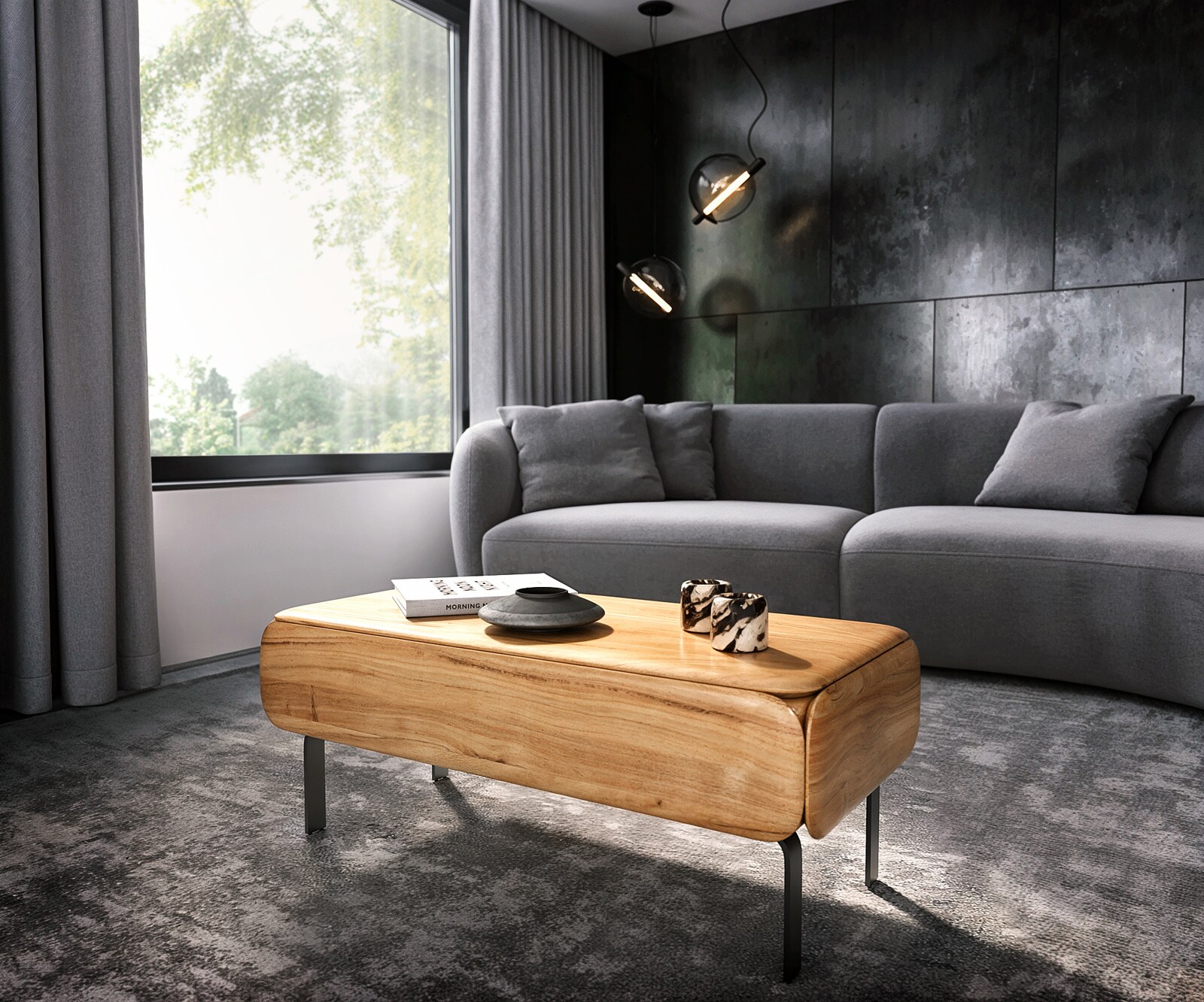 Table-basse Shavani 100 x 50 cm, acacia naturel, 1 tiroir, pieds en L, métal noir