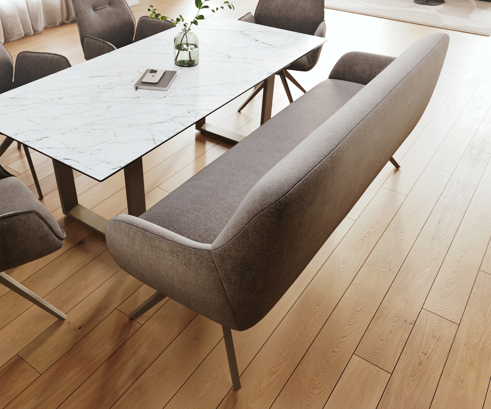 Banc-de-salle-à-manger Taya-Flex 200 cm tissu structuré doux taupe pied croisé angulaire titane ressort ensaché 3