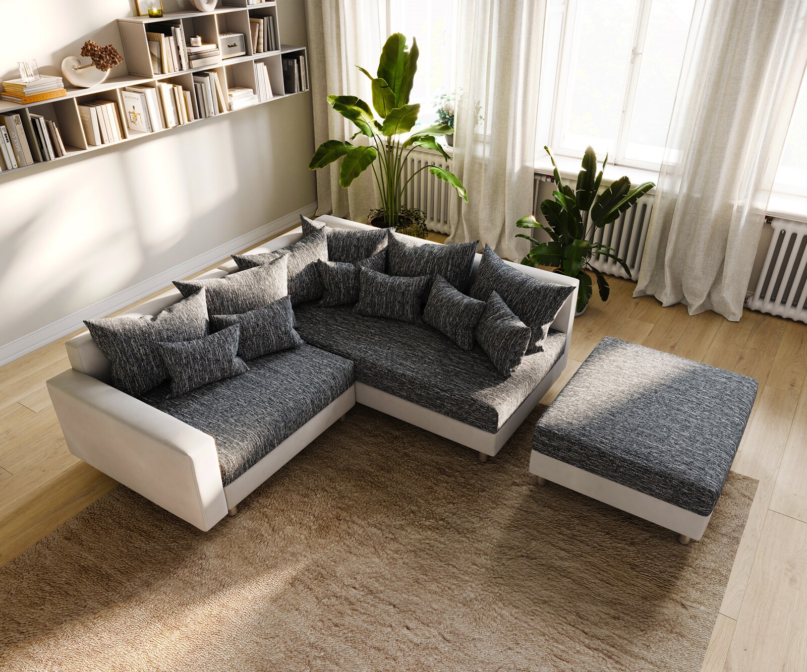 Canapé-d'angle Clovis Blanc Noir avec tabouret et accoudoirs poufs droite  3