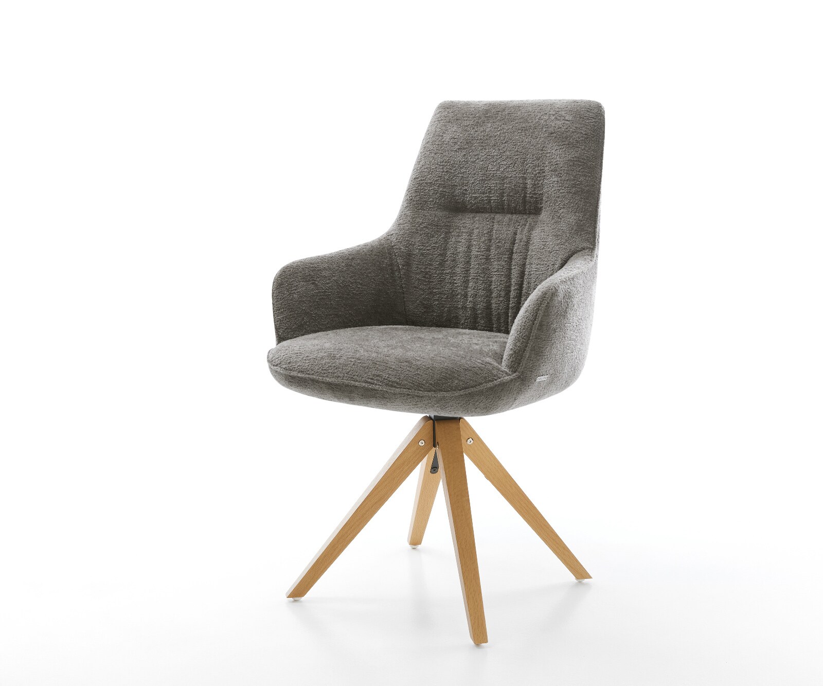 Chaise-pivotante Zelia-Flex avec accoudoirs bouclé doux couleur boue pied en bois angulaire naturel pivotement sur 180° resorts ensachés