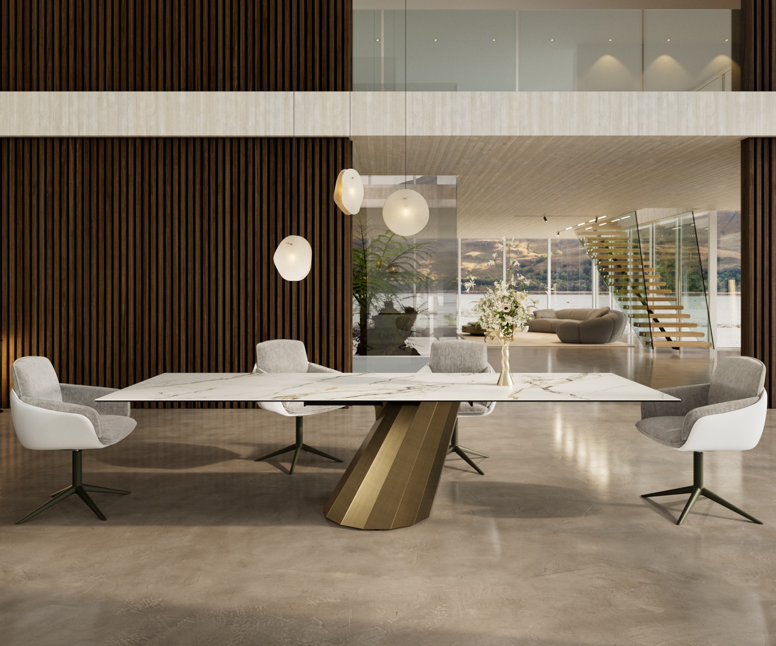 Table à manger Edge 300x100 céramique Calacatta Luxe blanc-doré-gris parabole métallique doré Table à manger Edge 300x100 céramique Calacatta Luxe blanc-doré-gris parabole métallique doré