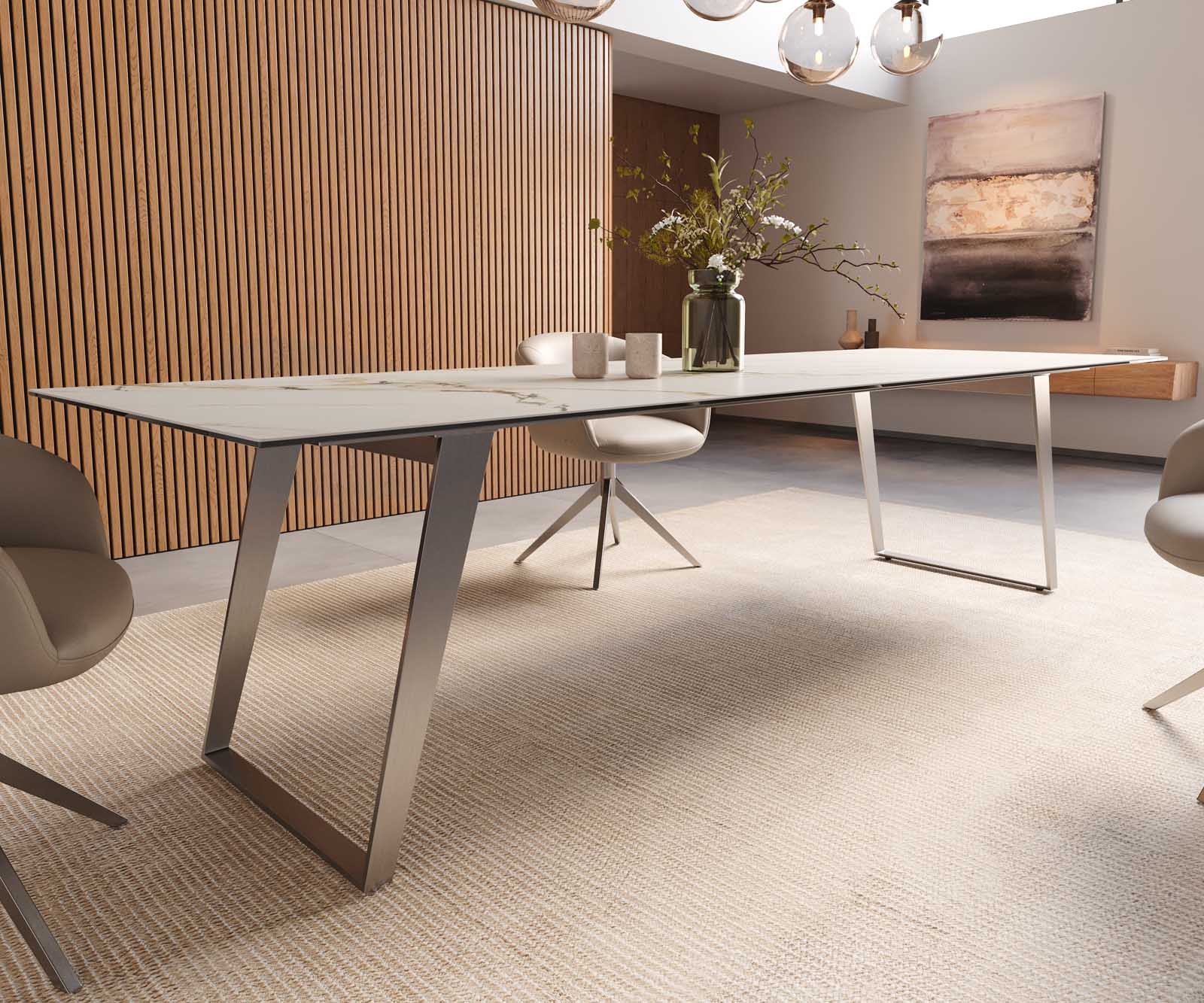 Table à manger Edge 300x100 céramique Calacatta Luxe blanc-doré-gris acier inoxydable incliné 7