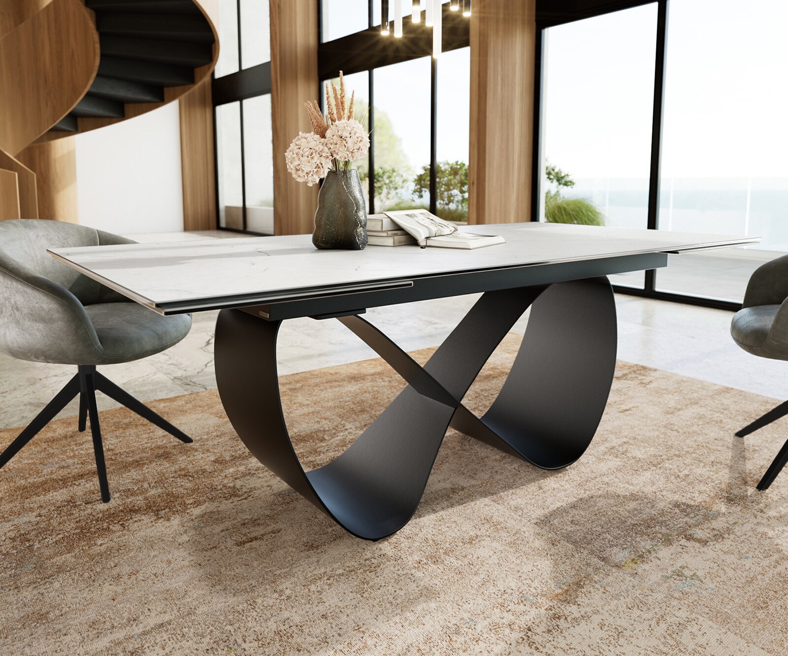 Table à manger Edge 200-300x100 cm Céramique Laminam®Statuarietto Blanc Infinity Métal Noir extensible 6