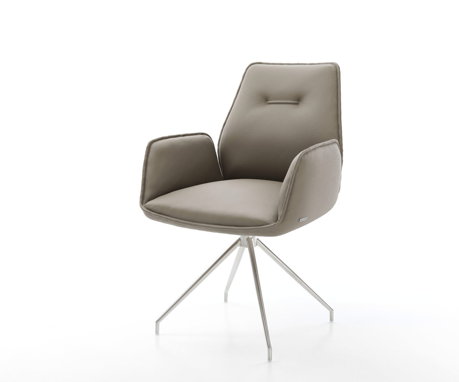 Chaise-de-salle-à-manger Zoa-Flex cuir de vache couleur boue pied croisé conique acier inoxydable brossé ressorts ensachés 1
