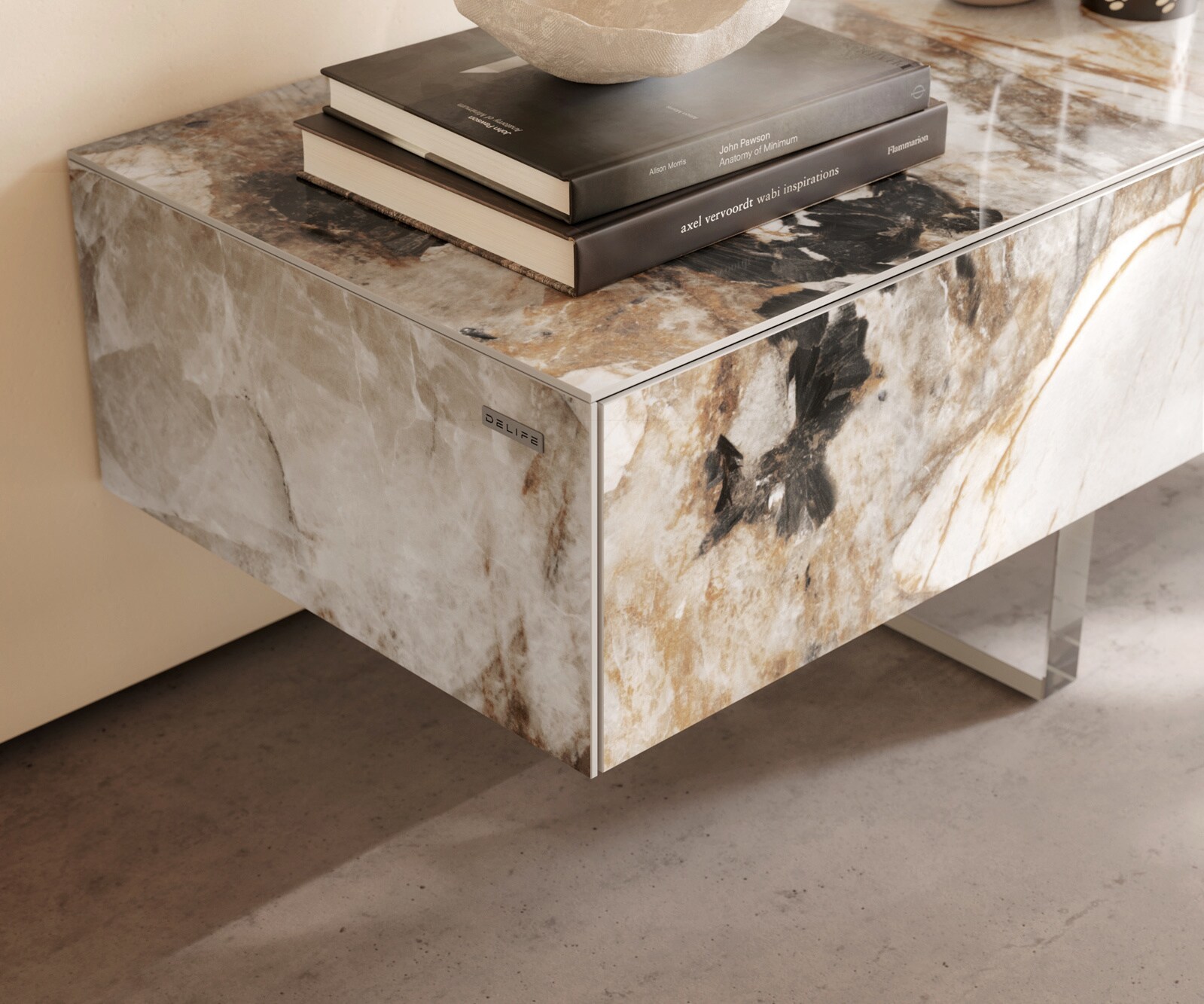 Meuble-TV Cuor 250 cm Céramique Patagonia raffinée 1 Clapet 1 Tiroir Pied optique flottant Verre acrylique 6
