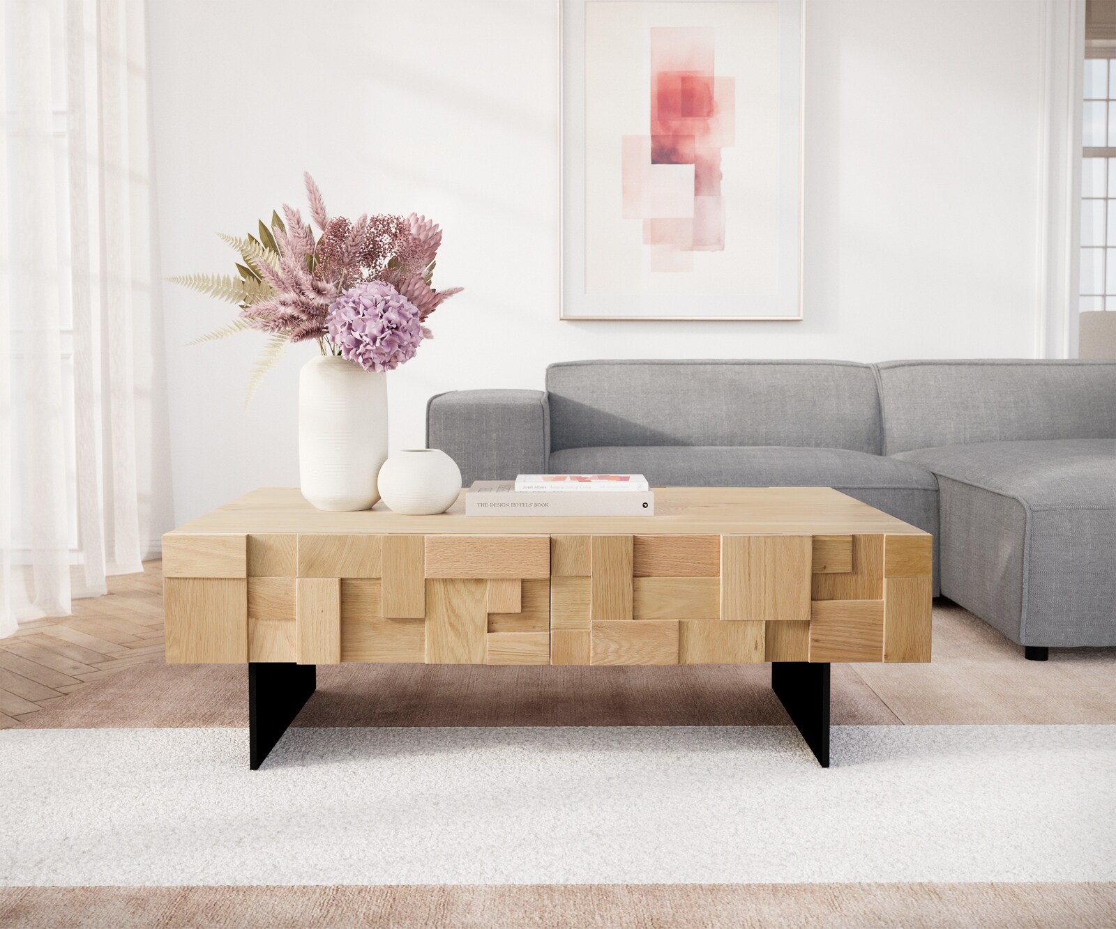 Table-basse Puzzle 120 cm 4 tiroirs chêne naturel pied flottant métal noir 1