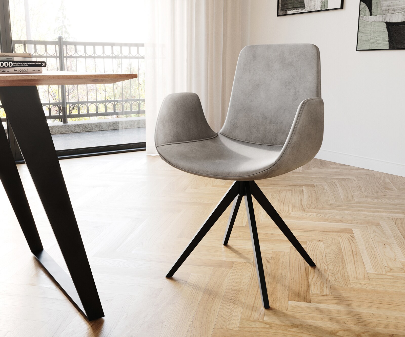 Chaise-de-salle-à-manger Ilia-Flex avec accoudoirs velours gris pied croisé angulaire noir
