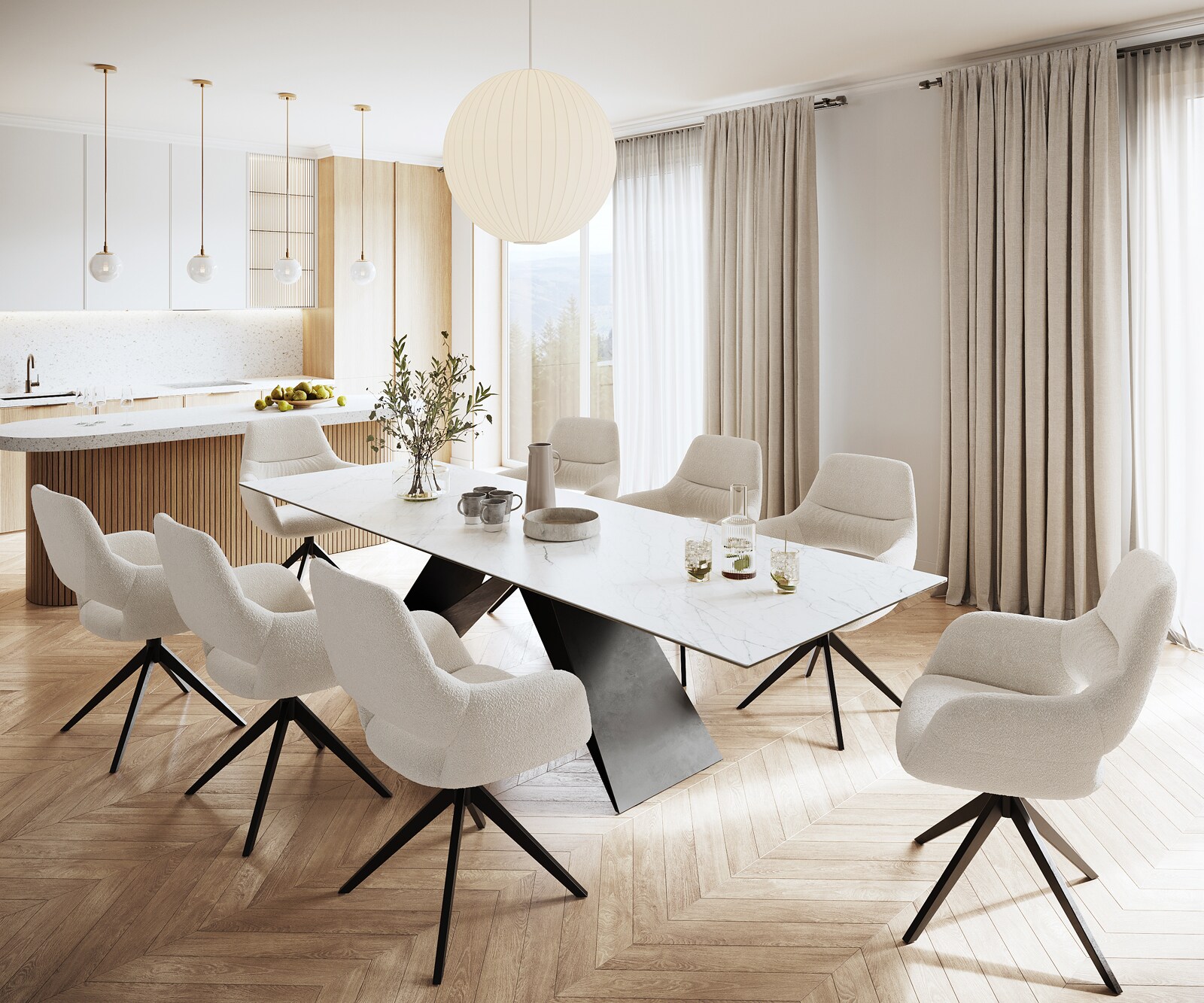 Table-à-manger Edge 300x100cm Laminam® céramique blanc V-pieds milieu noir 6