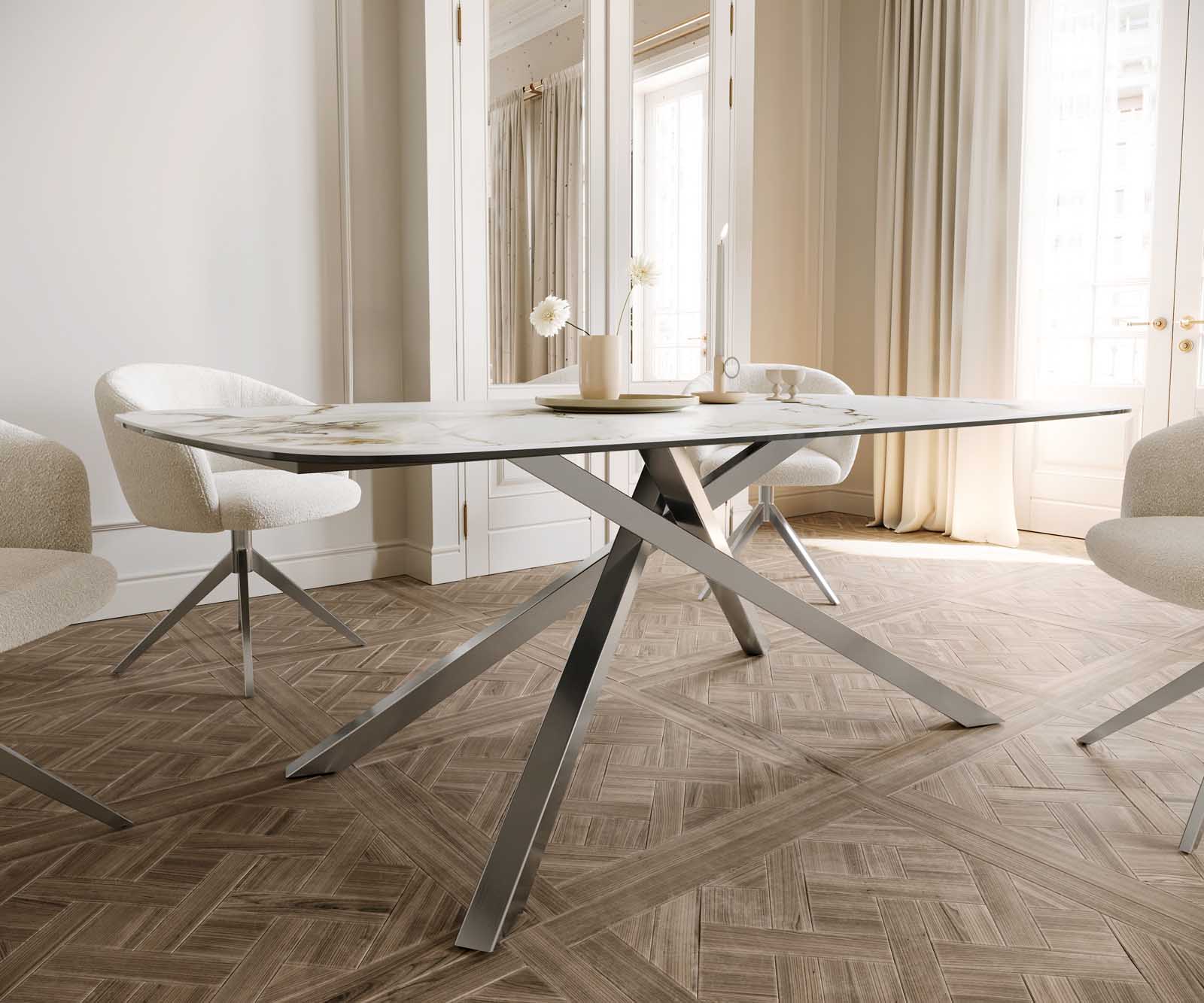 Table à manger Edge en forme de bateau 200x100 céramique Calacatta Luxe blanc-doré-gris cadre croisé rectangulaire acier inoxydable 5