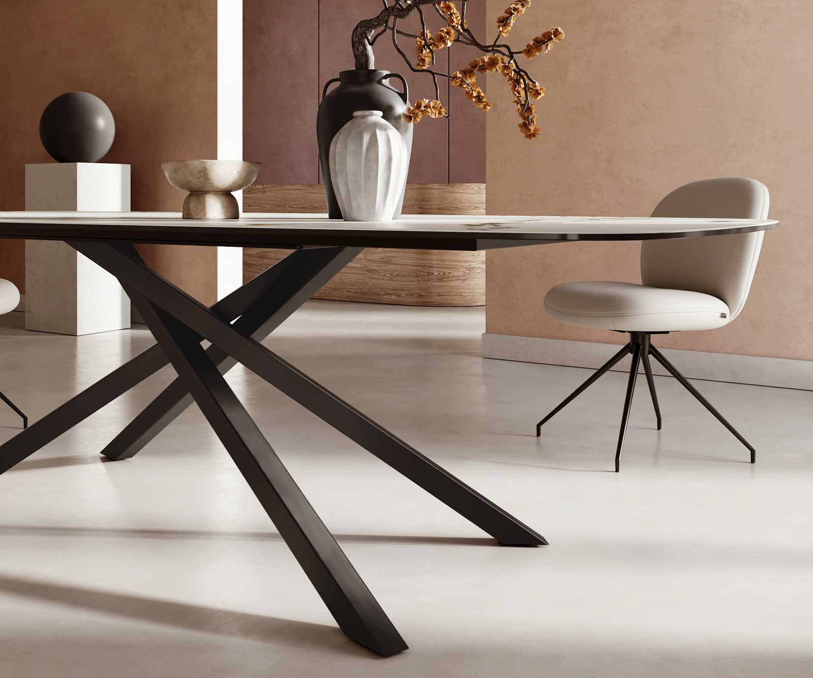 Table à manger Edge en forme de bateau 240x120 céramique Calacatta Luxe blanc-doré-gris cadre croisé rectangulaire noir 4 Table à manger Edge en forme de bateau 240x120 céramique Calacatta Luxe blanc-doré-gris cadre croisé rectangulaire noir 4