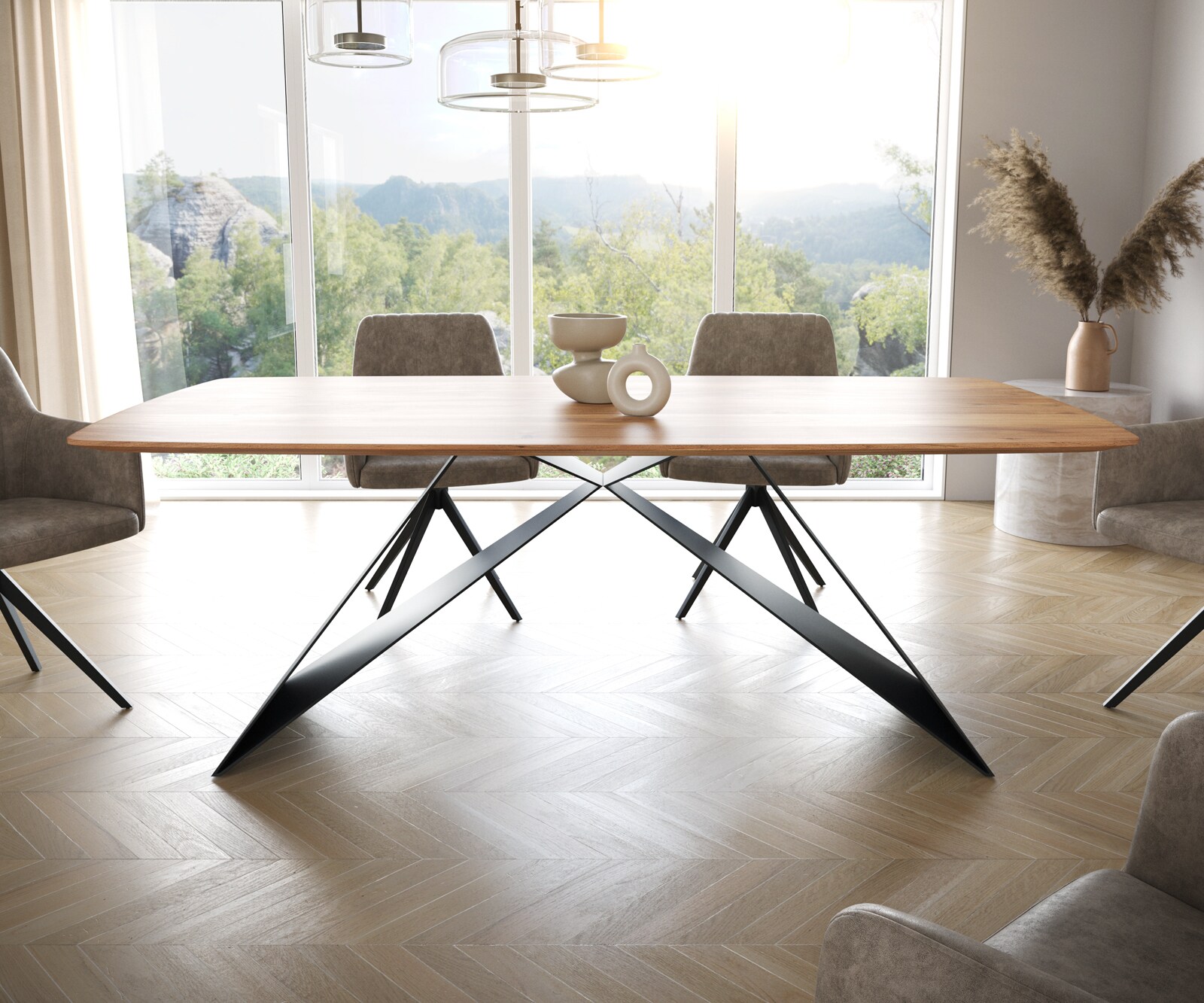 Table à manger Edge Boot 200x100 acacia nature cadre en V acier plat noir bord suisse 1