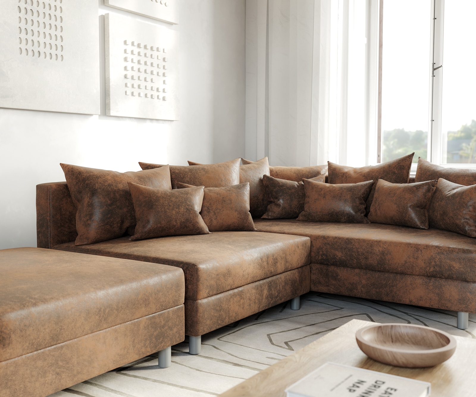 Canapé-d'angle Clovis modulable marron look antique avec tabouret et accoudoirs poufs droite 4 Canapé-d'angle Clovis modulable marron look antique avec tabouret et accoudoirs poufs droite 4