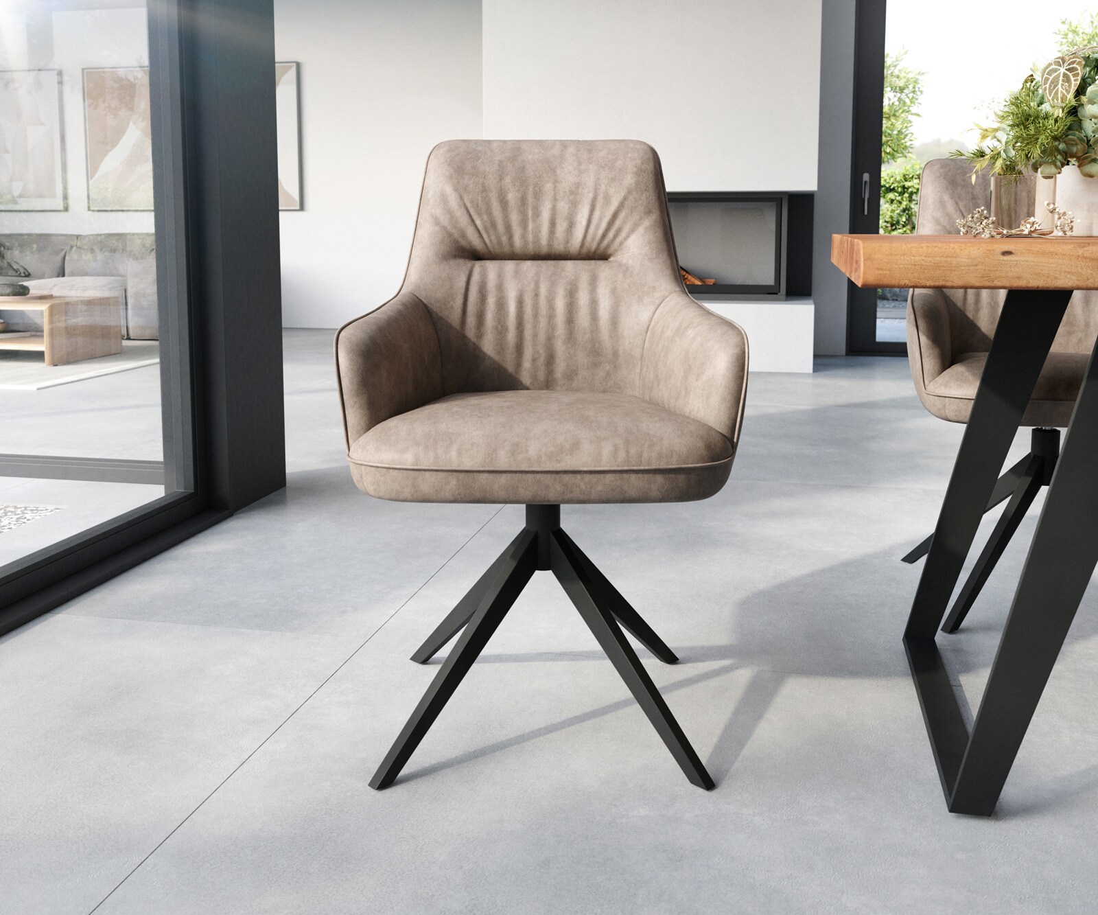 Chaise-de-salle-à-manger Zelia-Flex avec accoudoirs microvelours taupe vintage pied croisé large noir ressorts ensachés 1