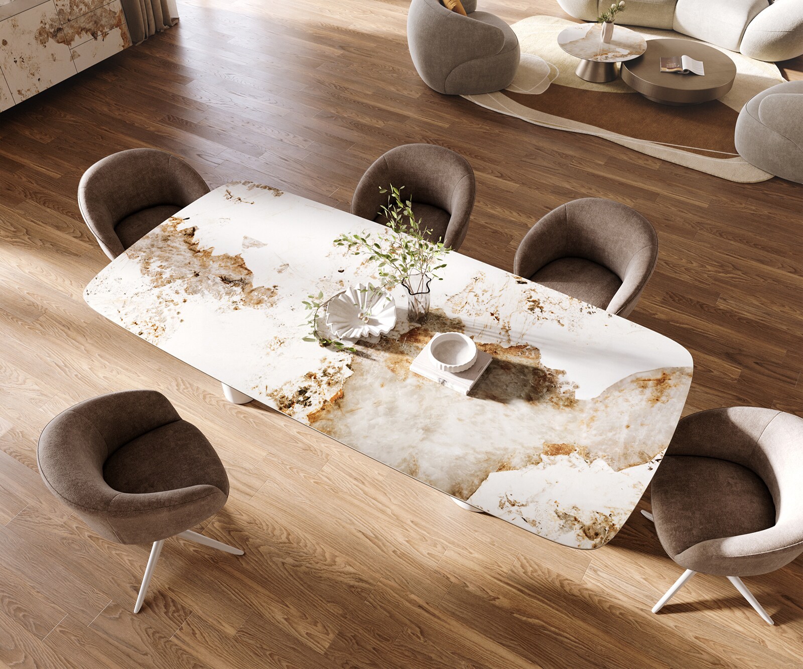 Table à manger Edge Boot 260x120 cm Céramique Minas Melange Blanc-Beige Pilier Métal Blanc 4