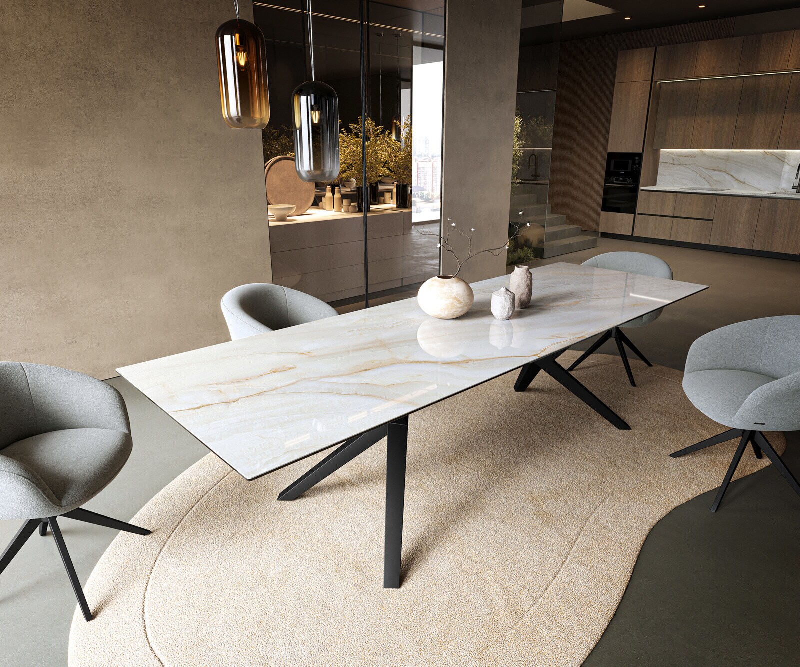 Table à manger Edge 300x100 cm céramique Onyx Pearl Zenthara angulaire métal noir 1