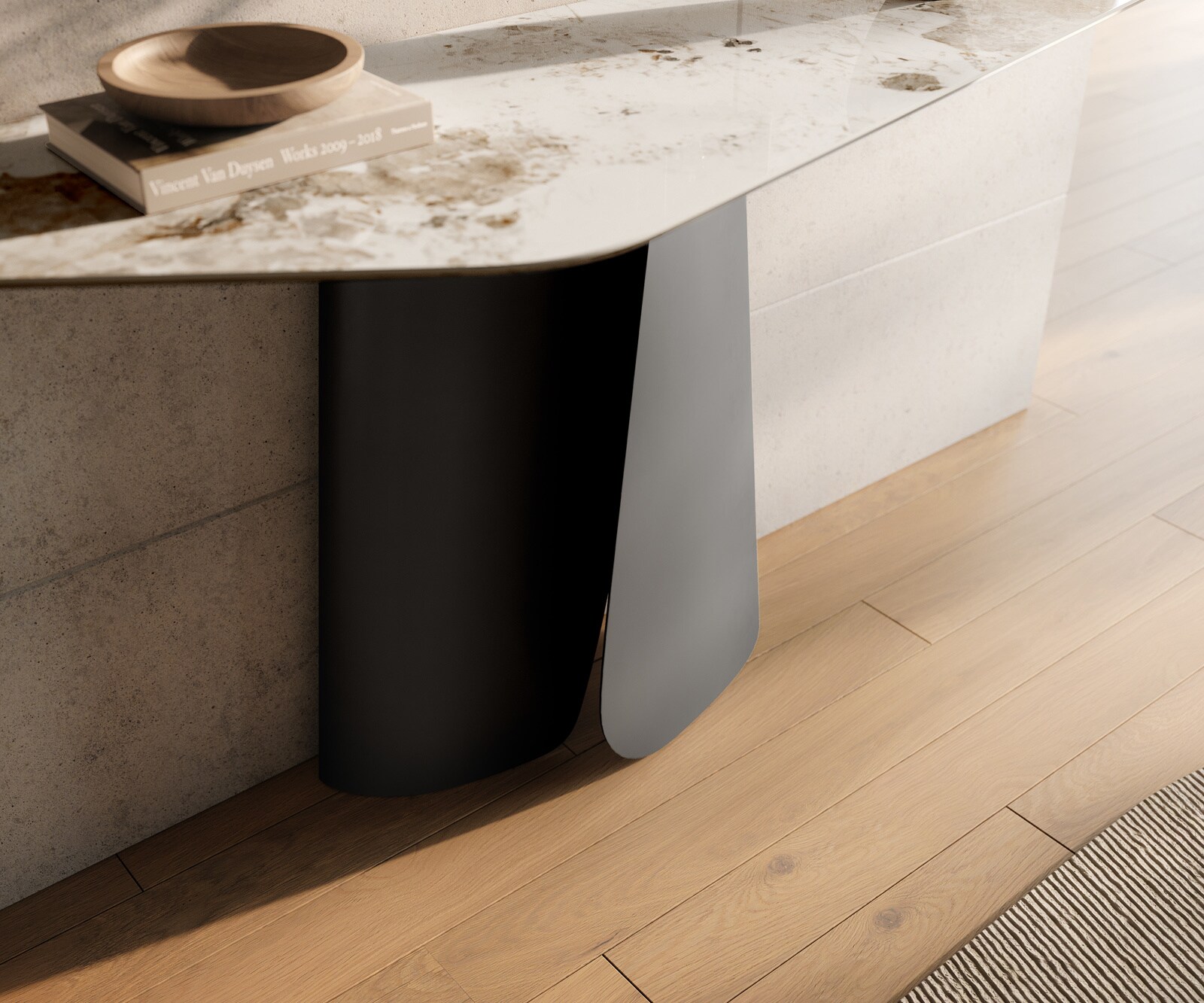 Console Edge Polygonal 140x50 cm Céramique Minas Melange Weiß-Beige Livos Métal Noir 5