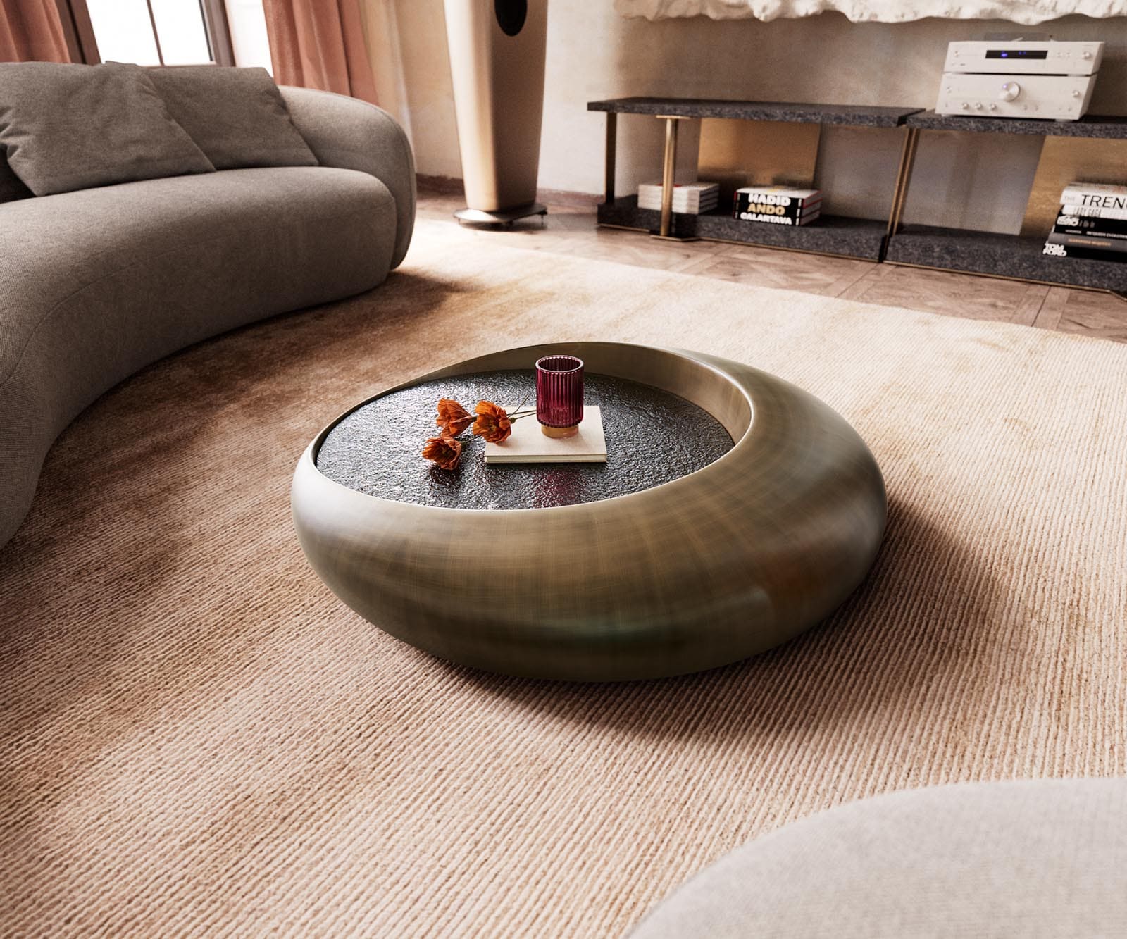 Table basse Blaise 100x100 cm or avec verre en relief taupe