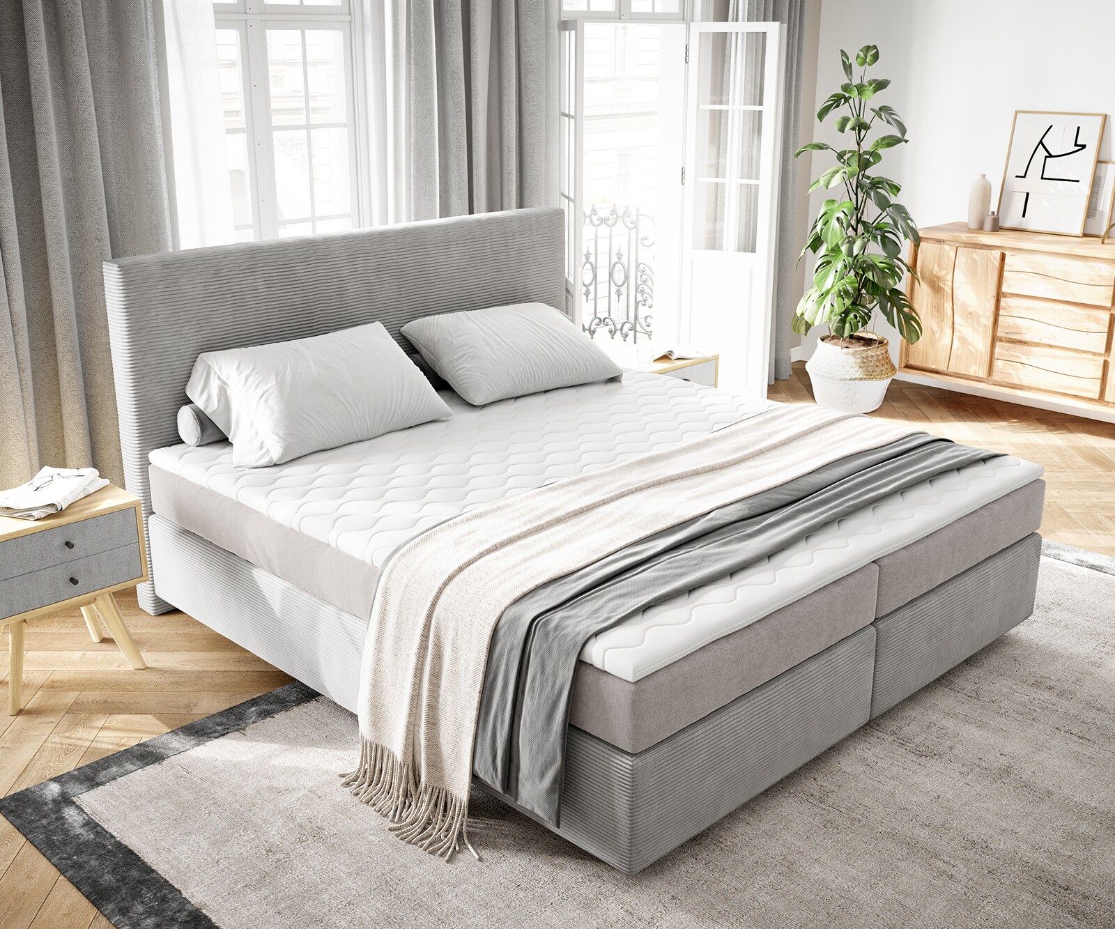 Lit-à-sommier-tapissier Dream-Well 180x200 cm velours côtelé gris argenté avec matelas à ressorts ensachés et surmatelas viscoélastique 3