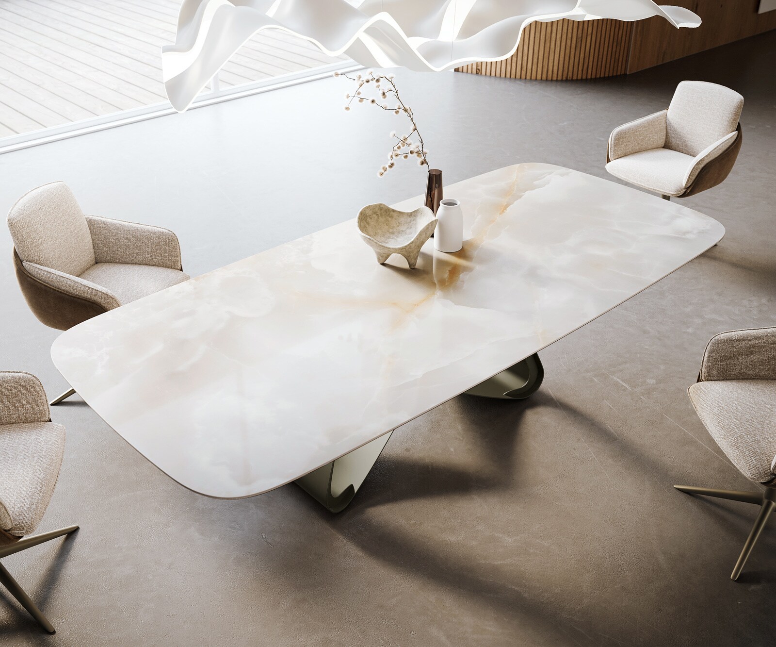 Table à manger Edge Boot 270x120 cm Céramique Iris FMG Onice Grigio piètement en W Métal Finition effet Titan 4