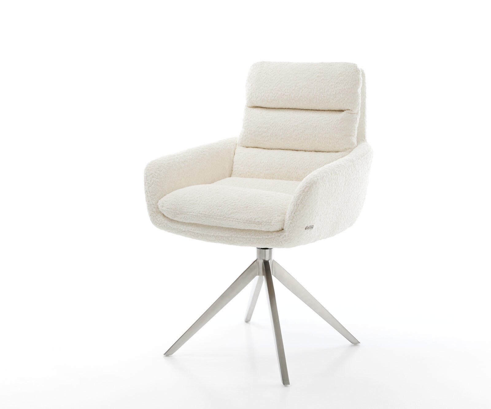 Chaise-de-salle-à-manger Abelia-Flex avec accoudoirs bouclé blanc pied croisé large acier inoxydable brossé
