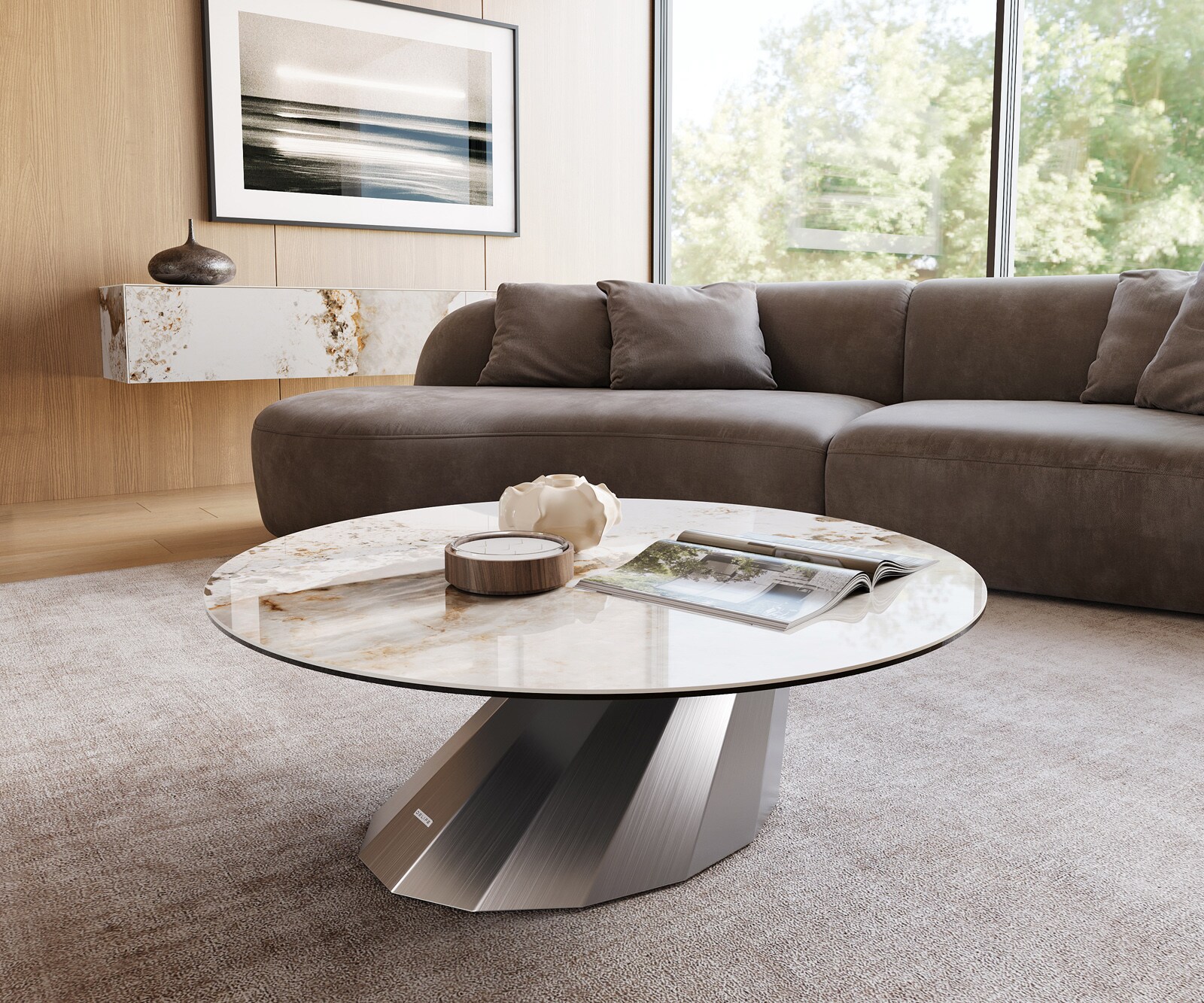 Table basse Edge rond 100x100 cm céramique Minas Melange Parabi acier inoxydable brossé 1