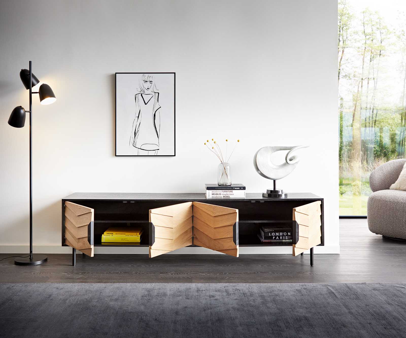 Meuble-TV Muvi 200 cm chêne naturel manguier noir métal noir 4 portes 4