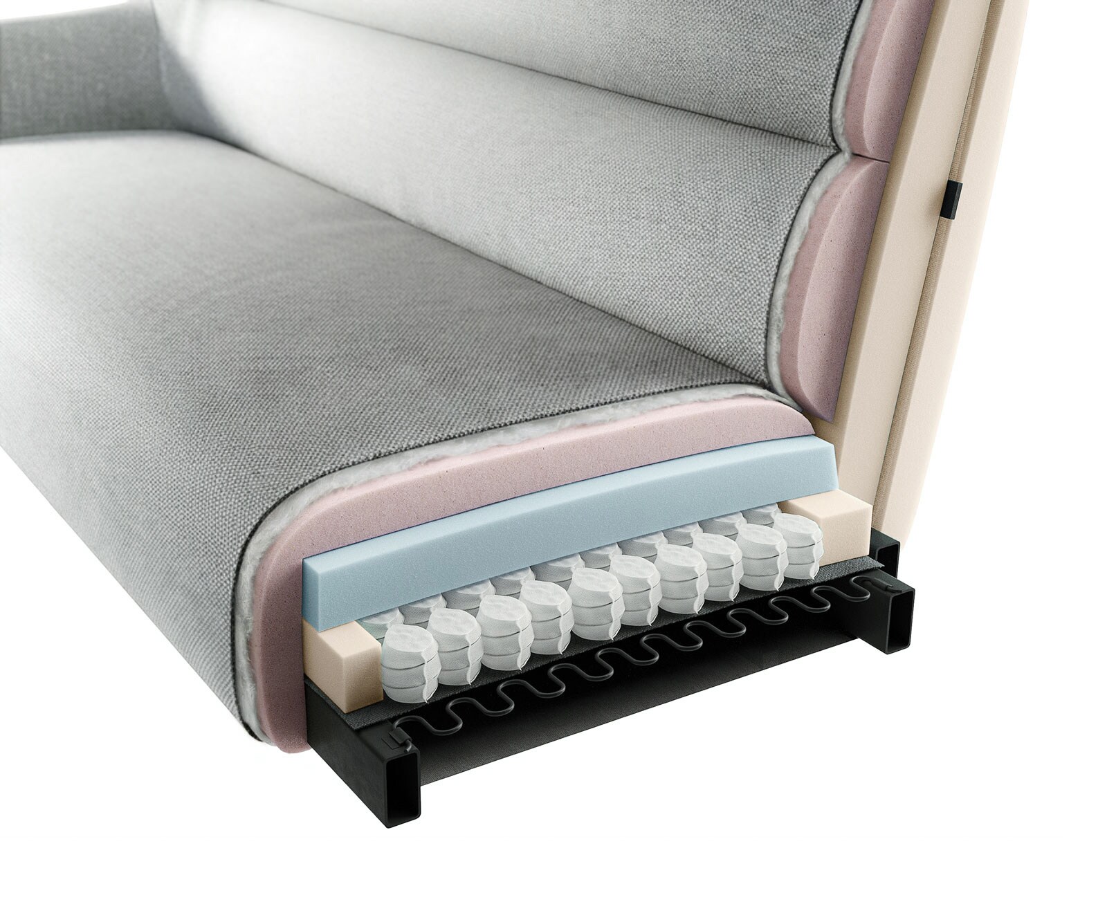 Banc-de-salle-à-manger Taya-Flex 200 cm microfibre taupe vintage pied croisé angulaire noir ressort ensaché 9