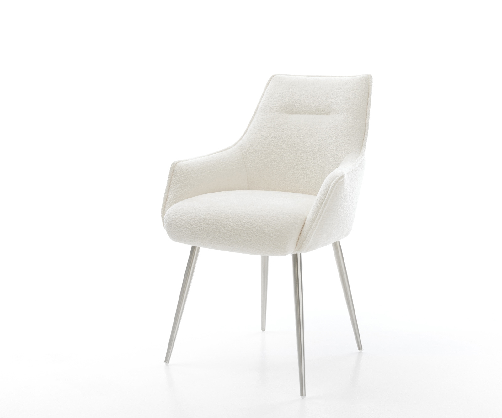 Chaise-de-salle-à-manger Alja-Flex avec accoudoirs bouclé doux beige 4 pieds coniques acier inoxydable resorts ensachés