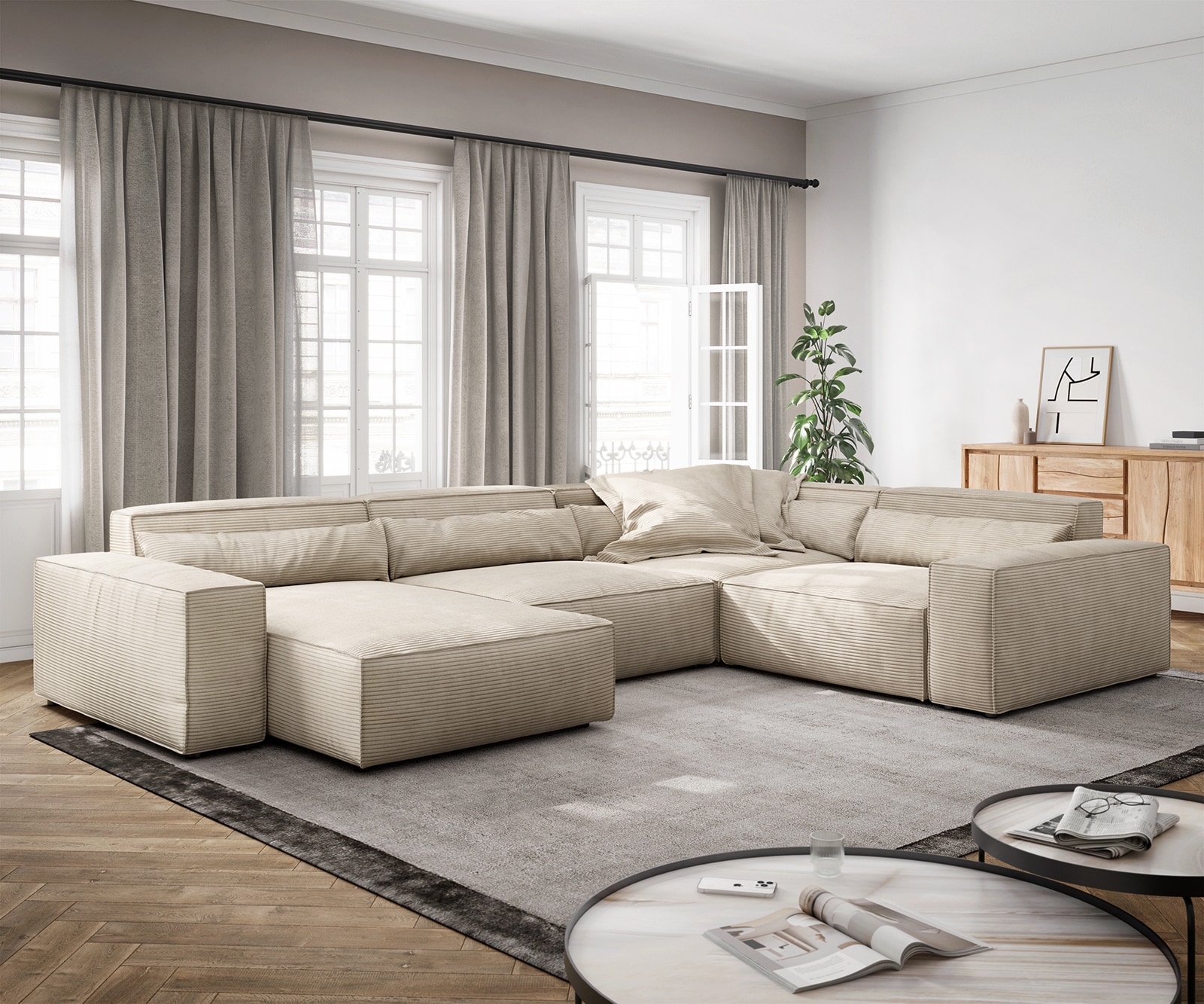 Canapé Sirpio XL Velours Côtelé Beige – 266x125 Cm, Avec Pouf, Assise Profonde | Design Cubique, Confort Maximal Pour Salon