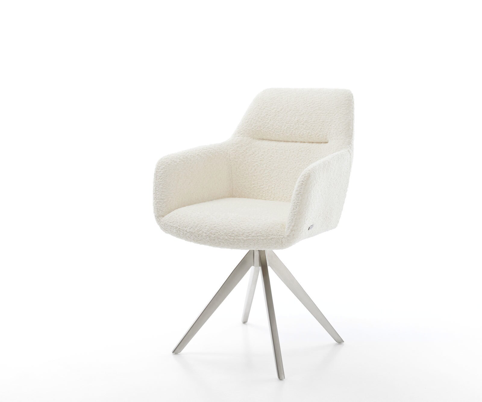 Chaise-de-salle-à-manger Pejo-Flex bouclé blanc pied croisé angulaire acier inoxydable brossé ressorts ensachés