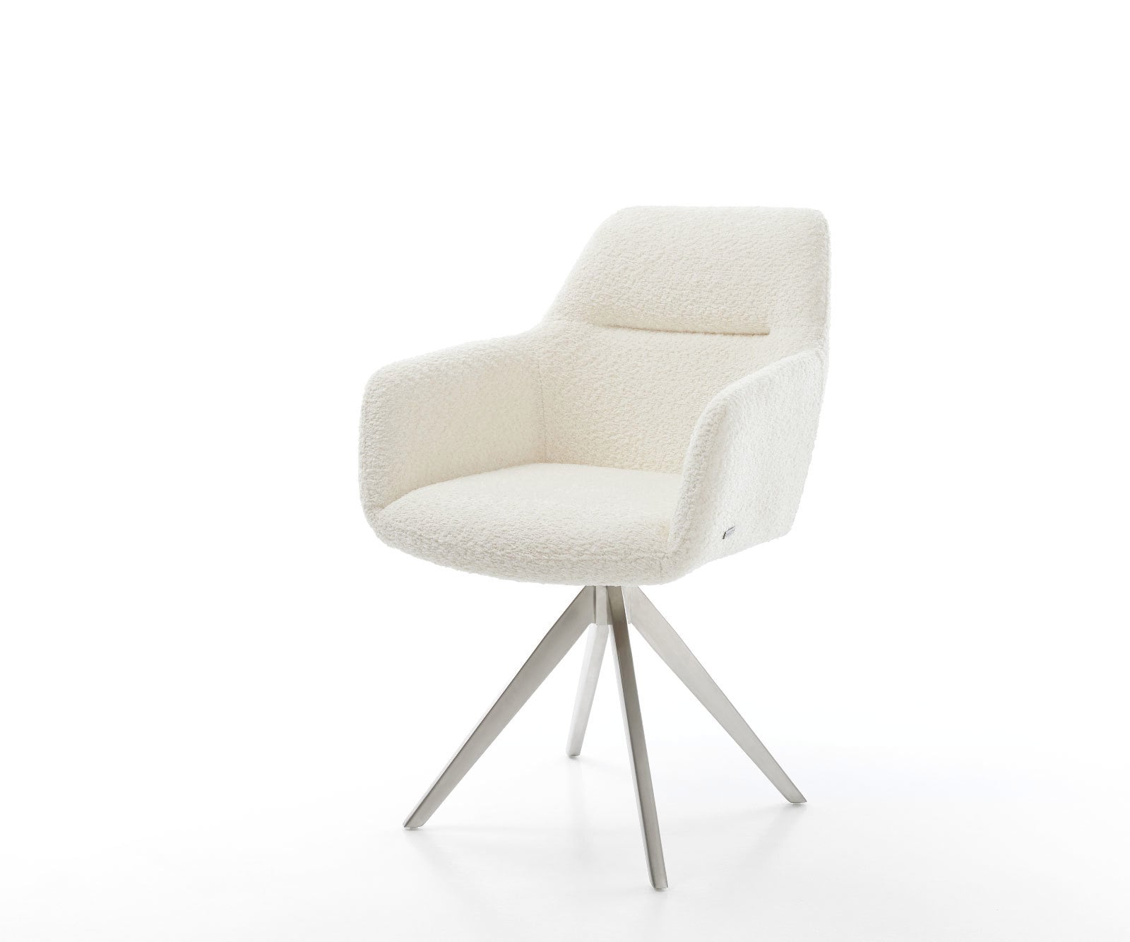 Chaise-de-salle-à-manger Pejo-Flex bouclé blanc pied croisé angulaire acier inoxydable brossé ressorts ensachés Chaise-de-salle-à-manger Pejo-Flex bouclé blanc pied croisé angulaire acier inoxydable brossé ressorts ensachés