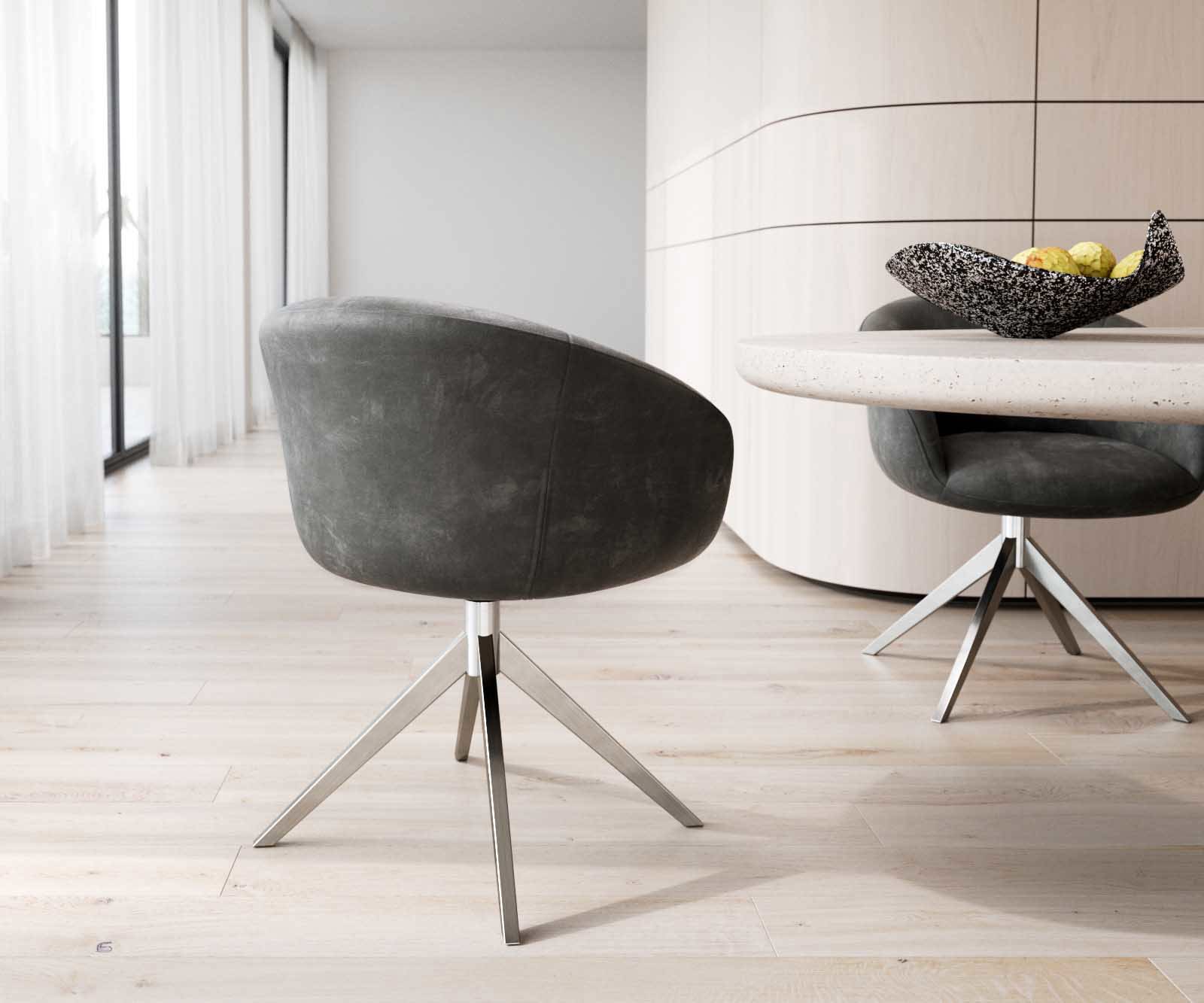 Chaise-pivotante Vinka-Flex avec accoudoirs microvelours anthracite vintage pied croisé large acier inoxydable brossé pivotement sur 360° ressorts ensachés 4 Chaise-pivotante Vinka-Flex avec accoudoirs microvelours anthracite vintage pied croisé large acier inoxydable brossé pivotement sur 360° ressorts ensachés 4