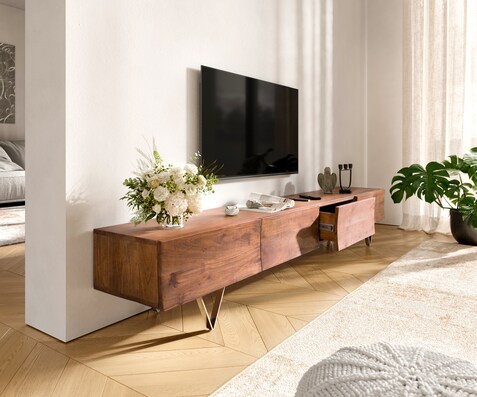 Meuble TV Wyatt 220 cm acacia brun 4 tiroirs pied en V inoxydable