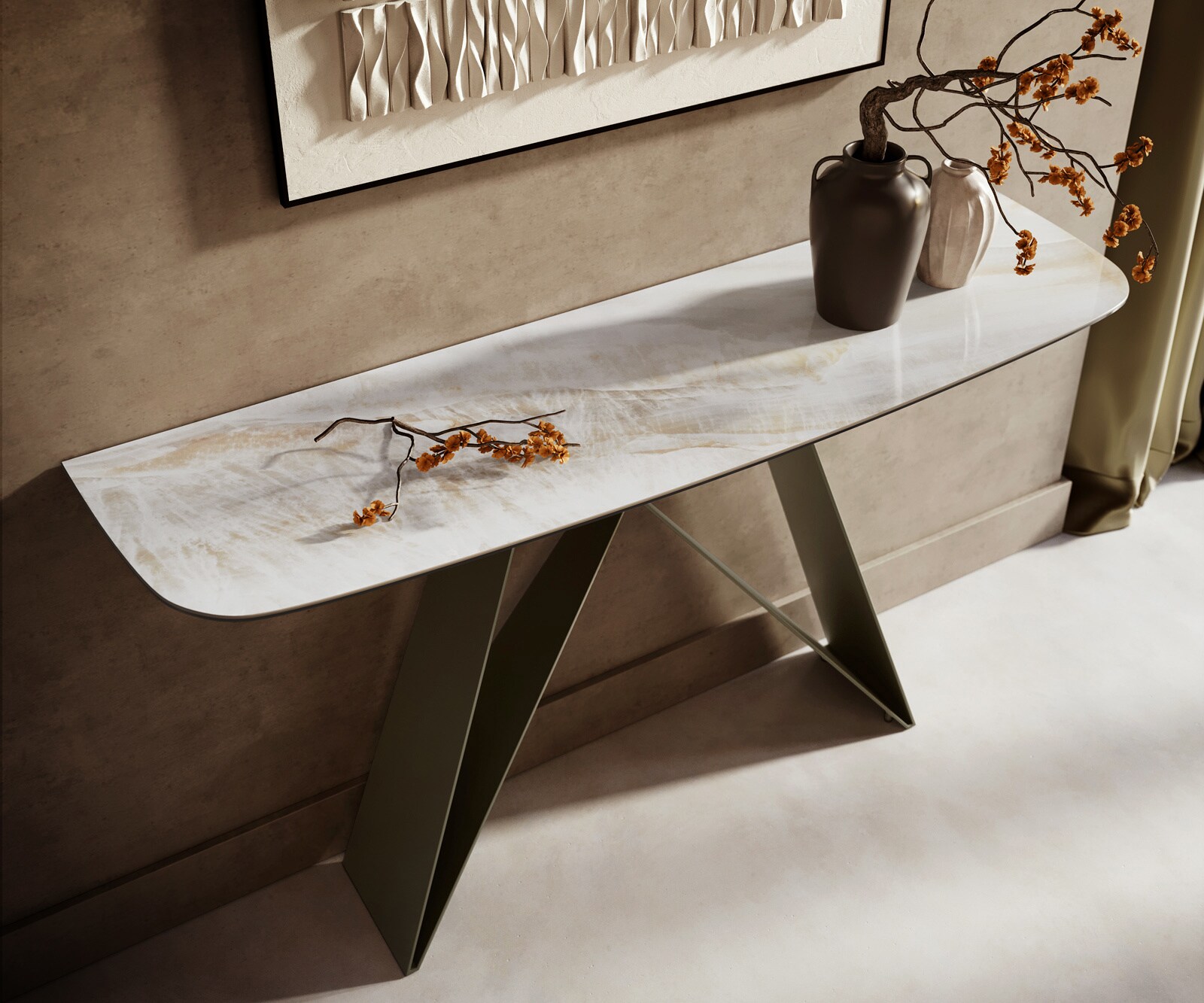 Console Edge forme bateau 140x40 cm Céramique Onyx Pearl Velio Métal Effektfinish Titan 2