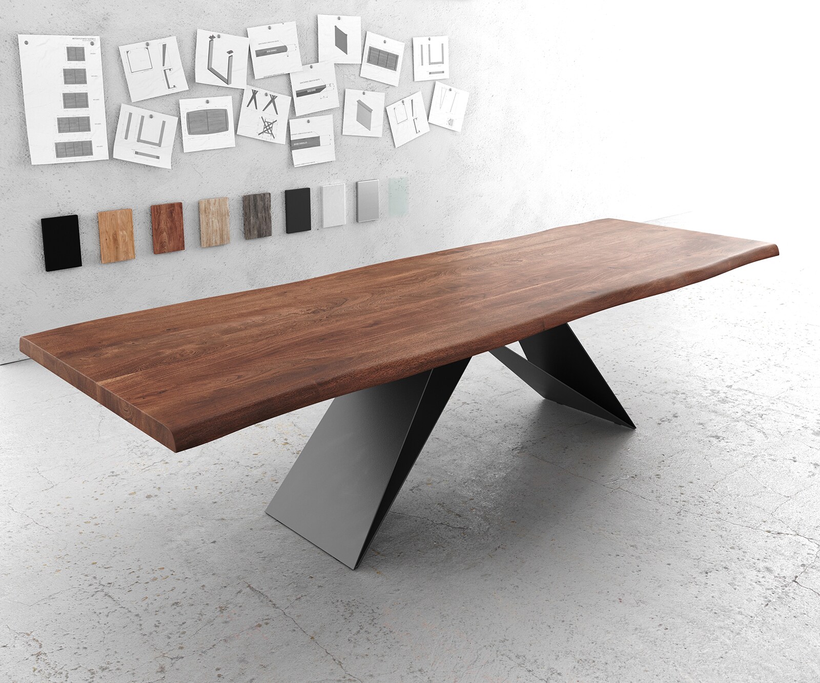 Table-de-salle-à-manger Edge 300x100 XL acacia marron piétement en V acier plat noir Live-Edge
