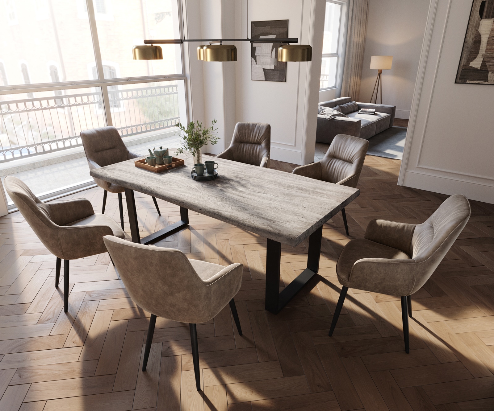 Chaise-de-salle-à-manger Zelia-Flex avec accoudoirs microvelours taupe vintage 4 pieds coniques noir ressorts ensachés 4