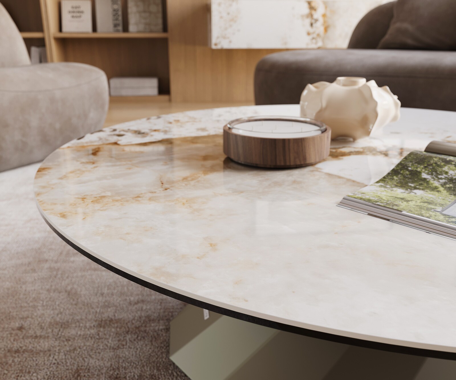Table basse Edge rond 100x100 cm céramique Minas Melange Parabi Metall finition effet titane 6
