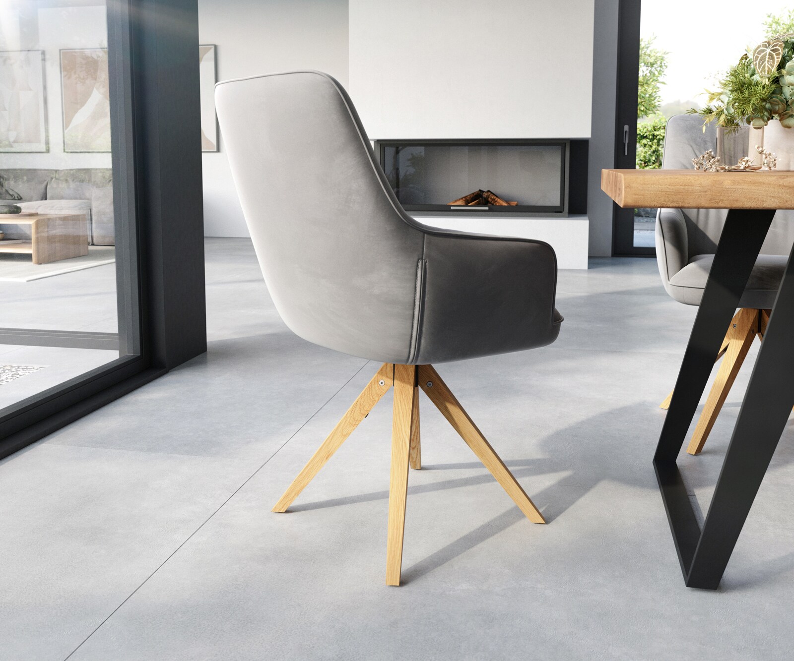 Chaise-de-salle-à-manger Zelia-Flex avec accoudoirs velours gris pied en bois angulaire naturel ressorts ensachés 4 Chaise-de-salle-à-manger Zelia-Flex avec accoudoirs velours gris pied en bois angulaire naturel ressorts ensachés 4